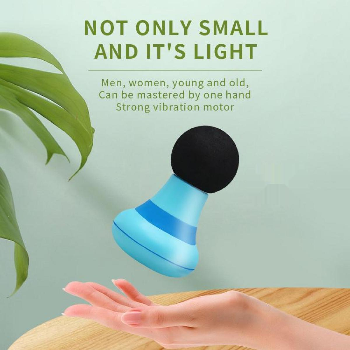 Ein Handmassagegerät mit schwarzem Kopf und blauem Körper wird über einer offenen Hand gehalten. Text wirbt für seine einfache Bedienung.