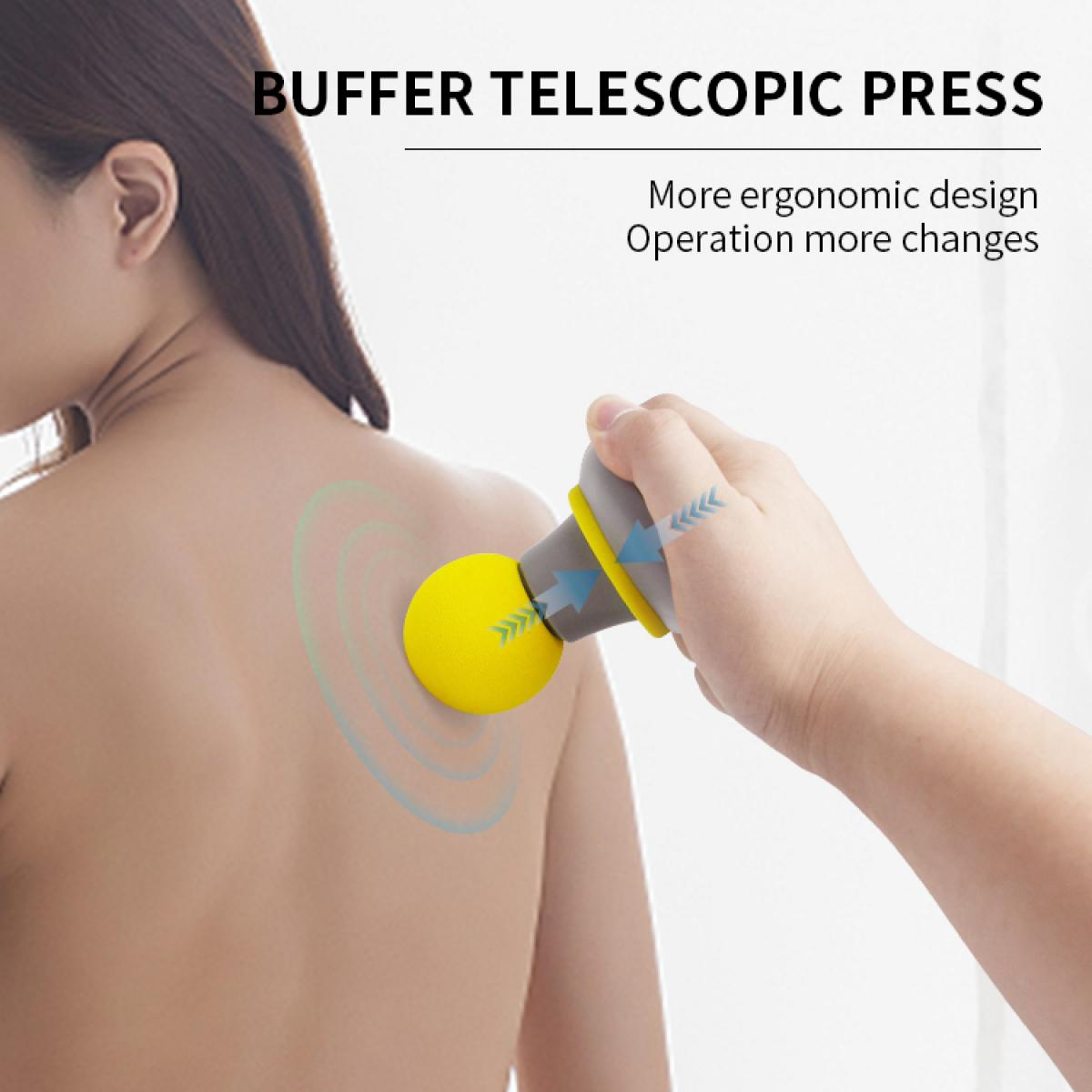 Der Rücken einer Person wird mit einem gelb-grauen Massagegerät massiert. Text: Puffer-Teleskoppresse, ergonomischeres Design, mehr Betriebsänderungen.