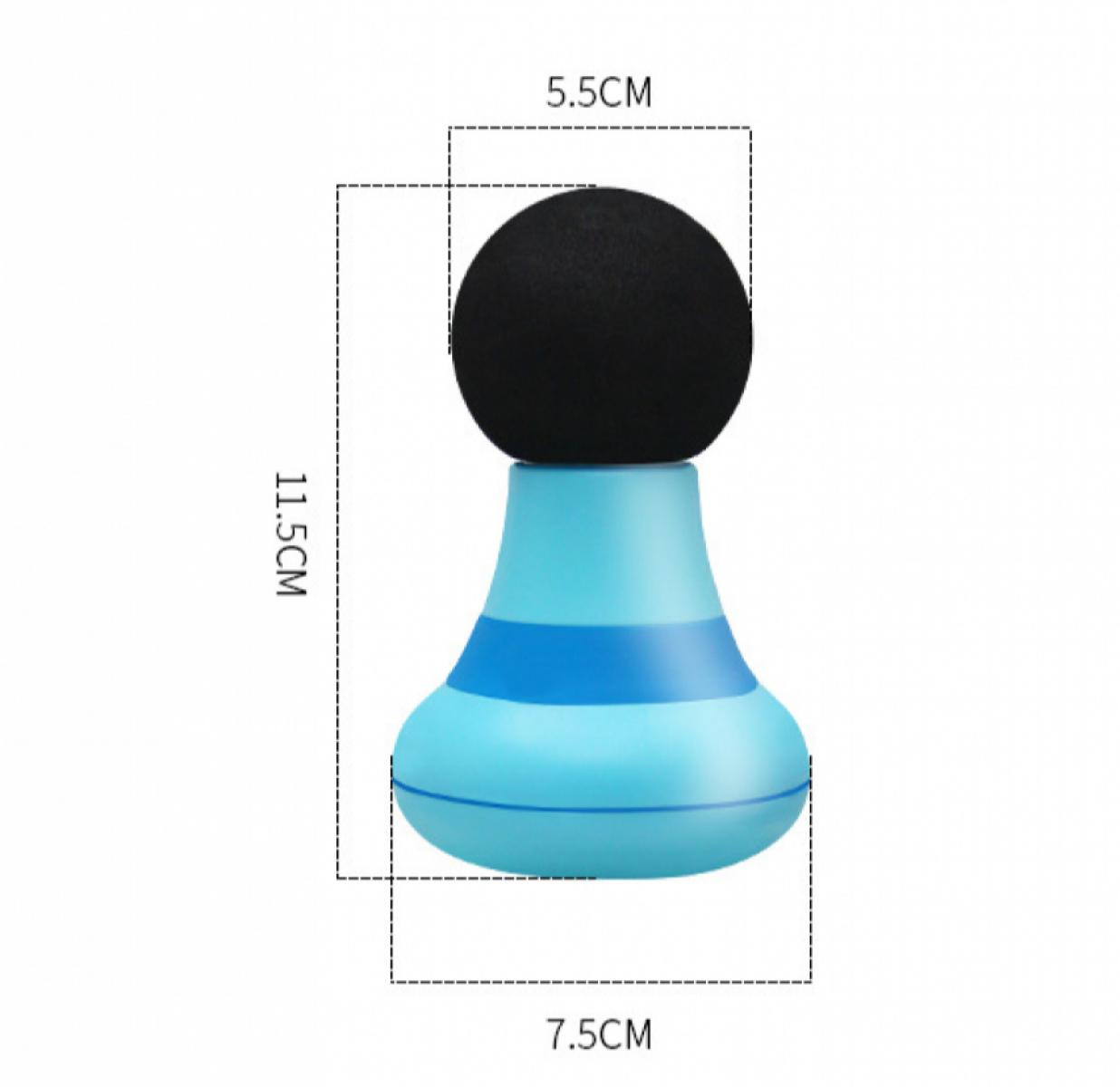 Ein Massagegerät. Ein schwarzer Ball sitzt auf einem blauen Körper mit einem blauen Streifen. Maße von 5,5 cm, 11,5 cm und 7,5 cm sind angegeben.