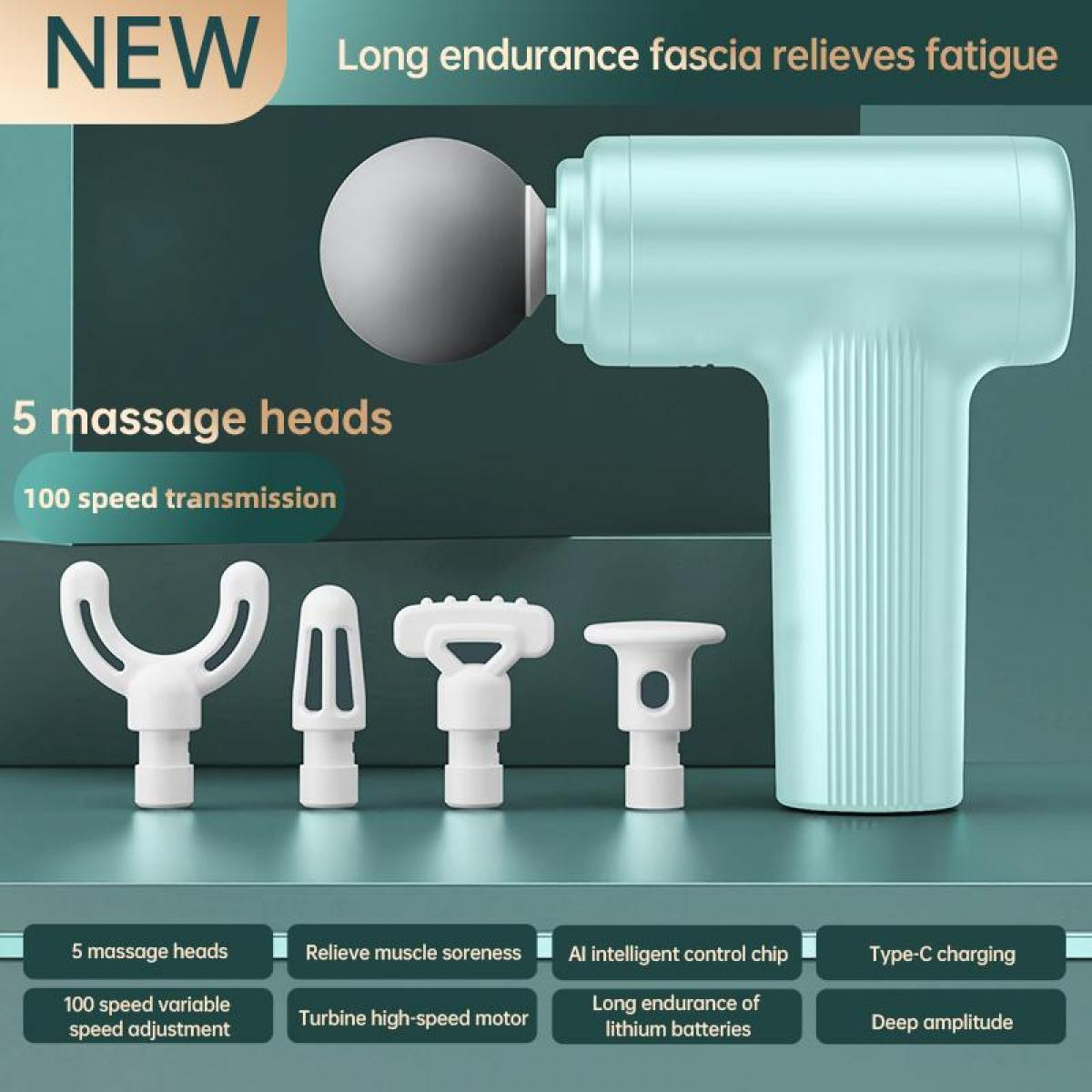 Eine mintgrüne Massagepistole mit 5 Aufsätzen wird gezeigt. Text hebt die Funktionen hervor: Geschwindigkeit, Linderung und lange Akkulaufzeit.