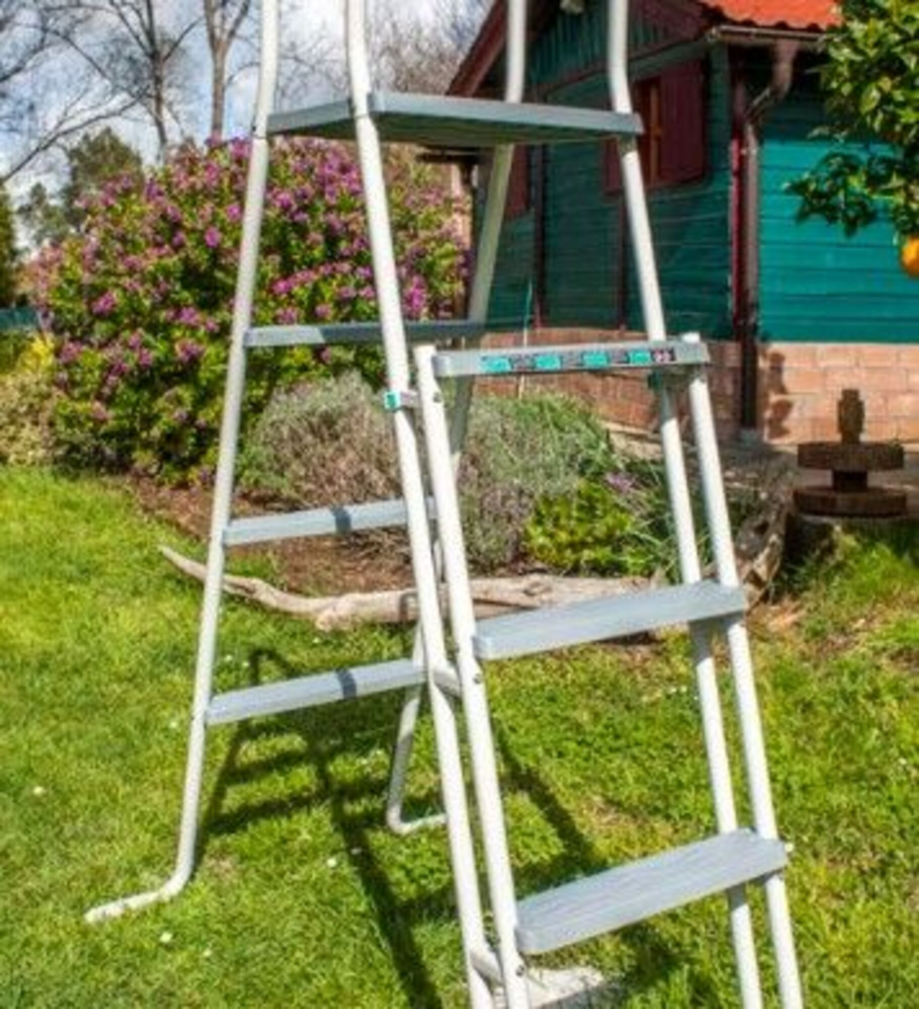 Una escalera blanca sobre hierba verde en un jardín. Un cobertizo turquesa con techo rojo al fondo.