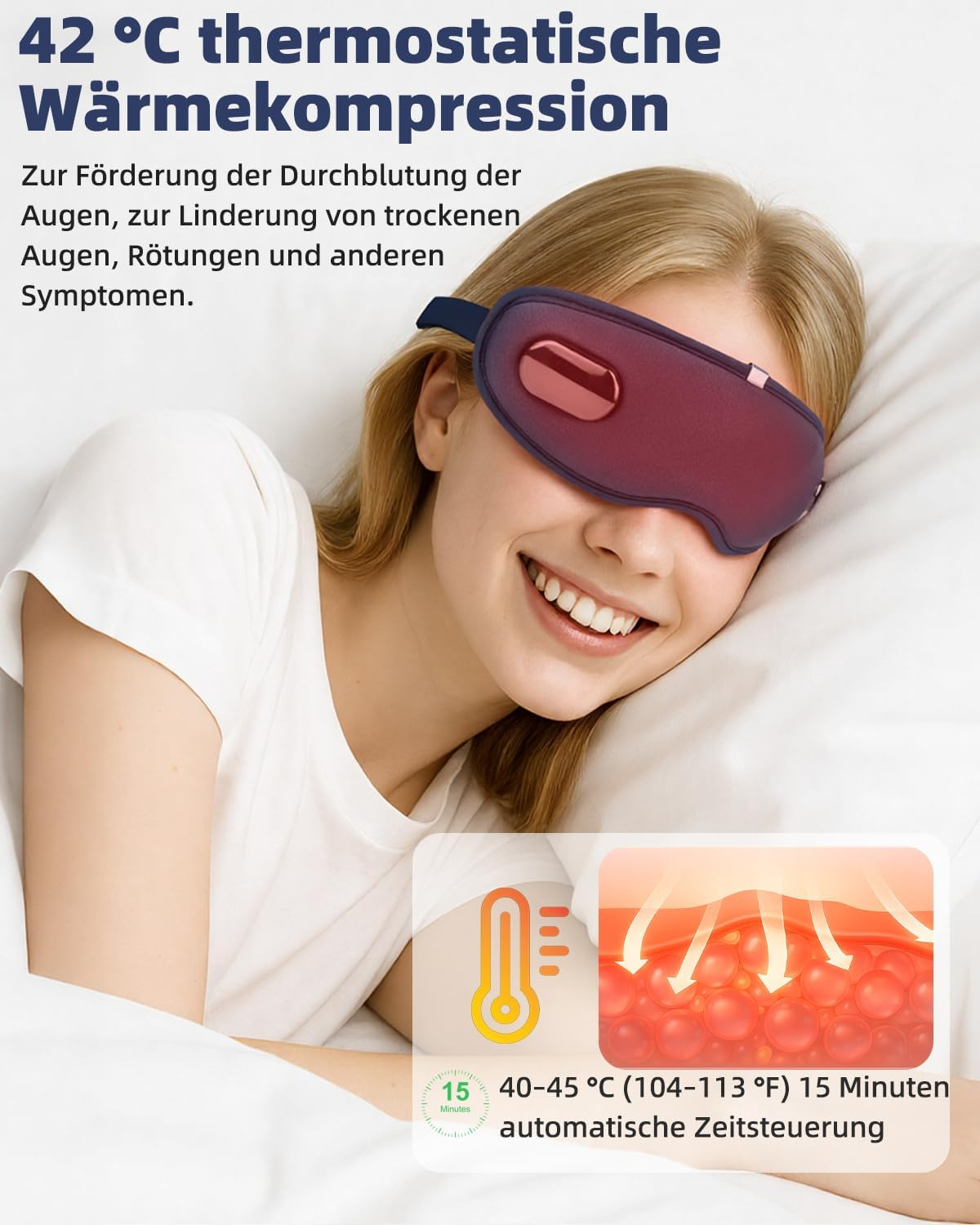 Eine Frau mit Augenmaske lächelt. Text auf dem Bild wirbt für 42°C Wärmetherapie für Augen, mit Temperatur- und Zeitangaben.