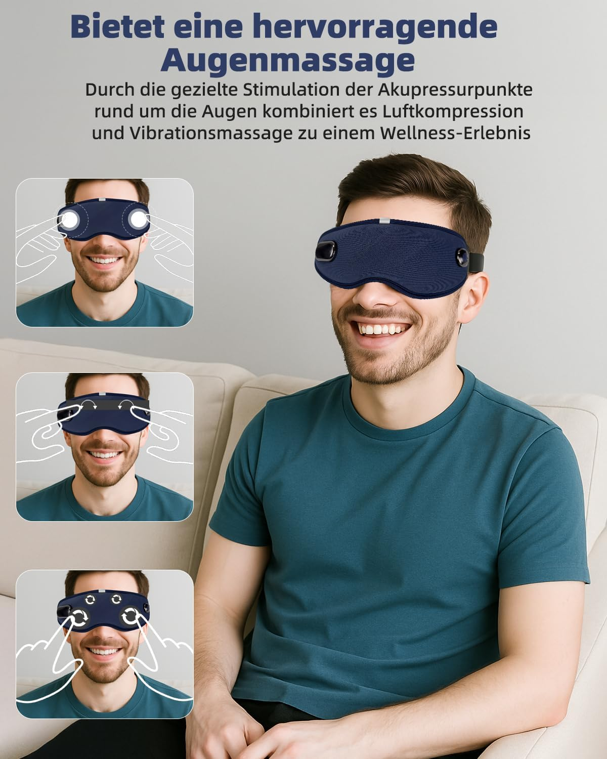 Ein Mann mit einem Marine-Augenmassagegerät lächelt. Text oben sagt 'Augenmassage'. Grafiken zeigen Massagepunkte.