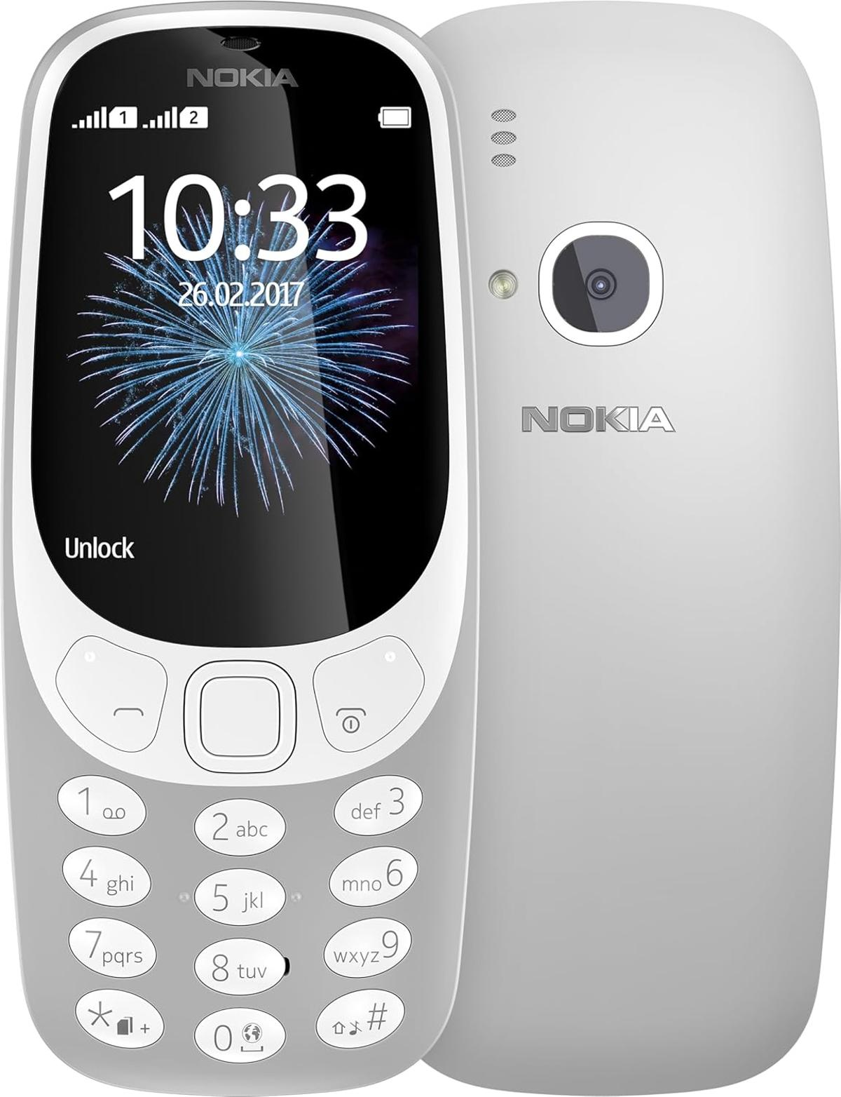 Un telefono Nokia, che mostra l'ora e la data sullo schermo. Il retro ha una fotocamera e il logo Nokia.