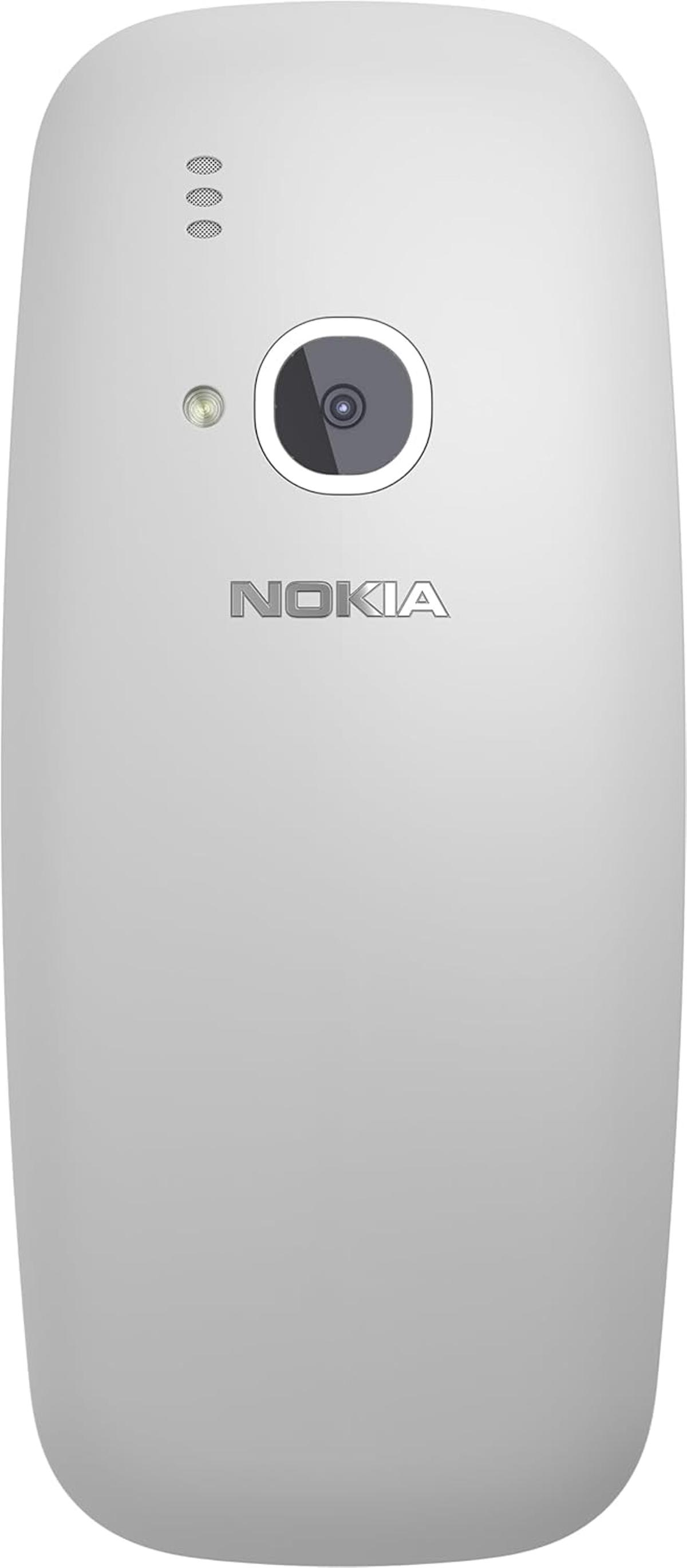 Retro di un telefono Nokia bianco, con fotocamera, flash e fori per altoparlanti. Logo Nokia.