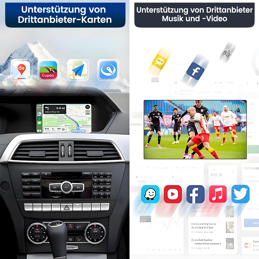 Autoinstrumententafel mit Navigation, Social-Media-Symbolen und einem Fußballspiel auf dem Bildschirm. Verschiedene App-Logos und Knöpfe sind sichtbar.