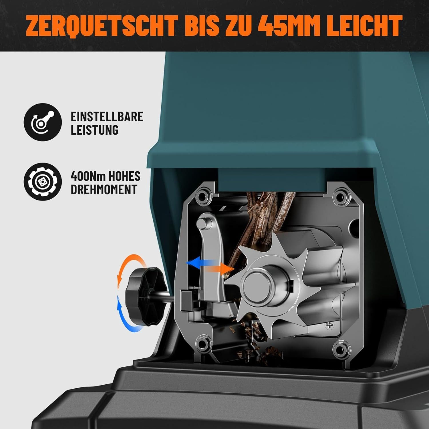 Nahaufnahme des Mechanismus eines Häckslers. Es zeigt die internen Komponenten mit Zahnrädern und einem Knopf. Text beinhaltet Informationen zur Häckselkapazität und Leistung.