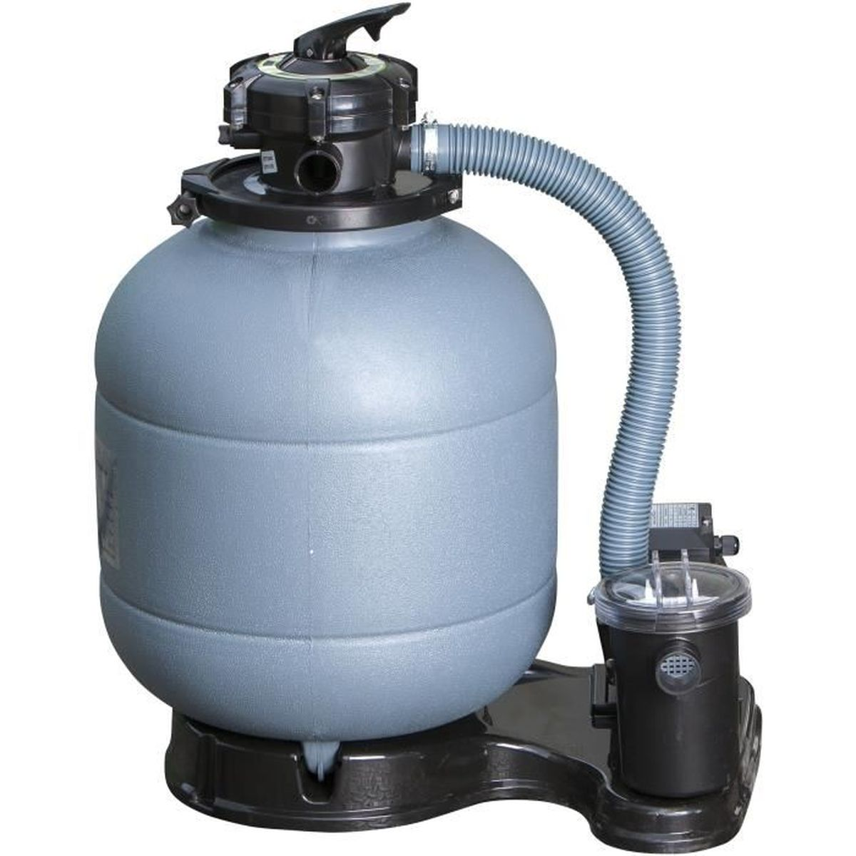 Un sistema de filtro de piscina gris. Tiene un tanque gris grande, una parte superior negra y una manguera corrugada. Está en una base negra.