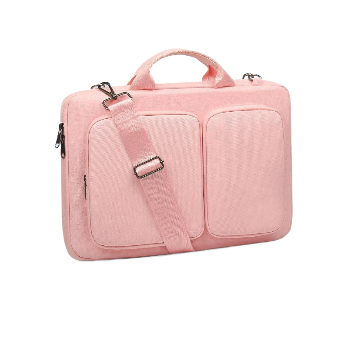 Eine rosa Laptoptasche mit Henkel und Schulterriemen wird vor weißem Hintergrund gezeigt.