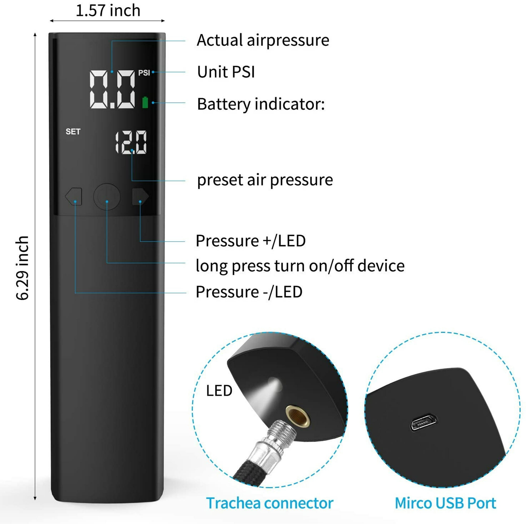 Schwarze Luftpumpe mit Digitalanzeige. Merkmale: LED, Trachea-Anschluss und Micro-USB-Anschluss.