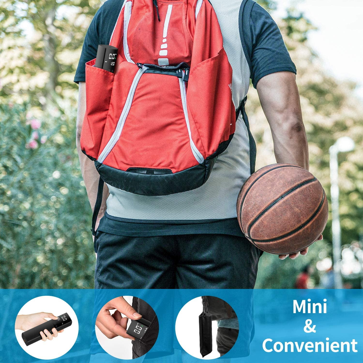 Eine Person mit rotem Rucksack und Basketball. Der Rucksack hat ein digitales Gerät. Das Bild wirbt für ein Mini- und praktisches Produkt.
