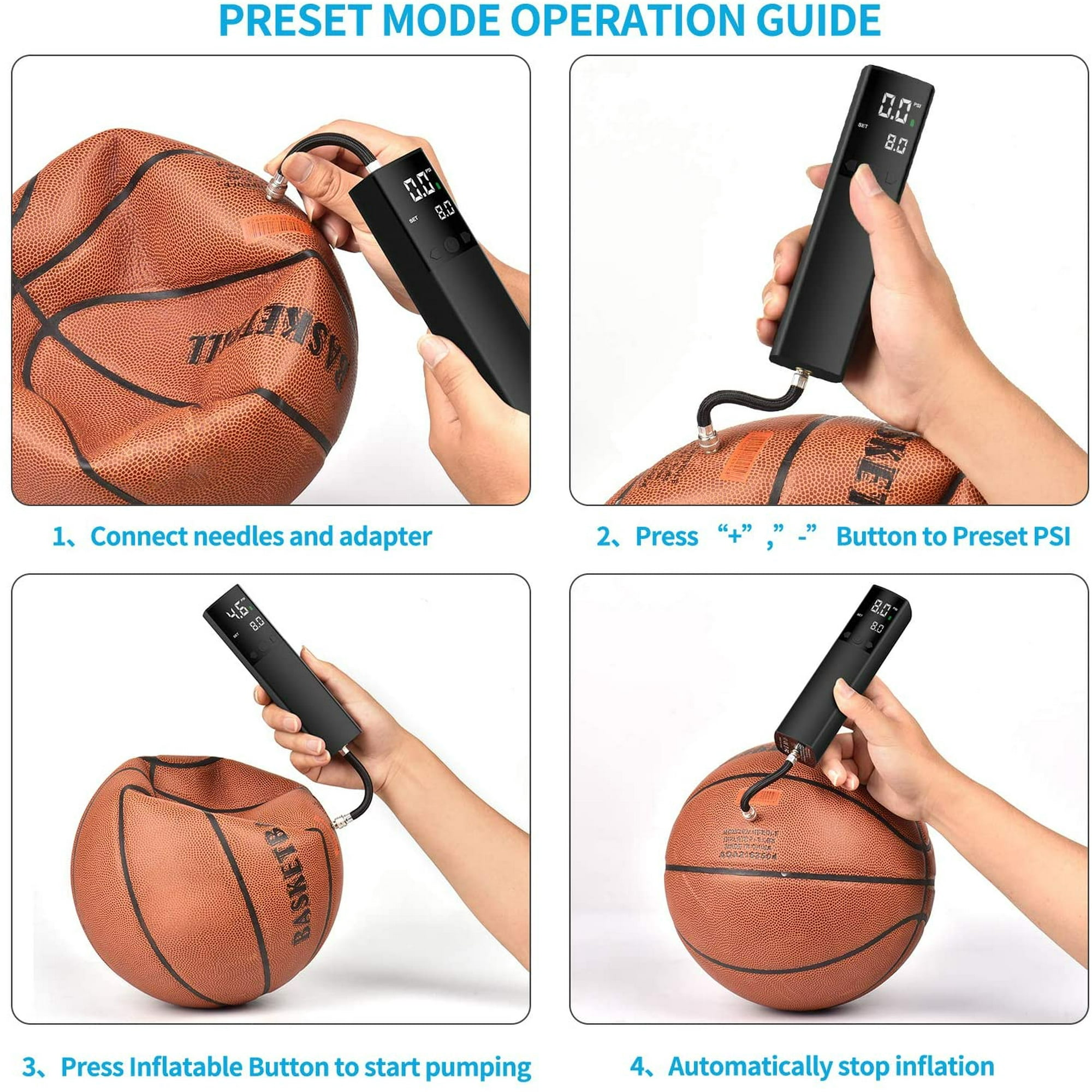 Eine Anleitung zum Aufpumpen eines Basketballs. Eine schwarze Pumpe ist mit dem Ball verbunden. Der Text erklärt den Vorgang Schritt für Schritt.