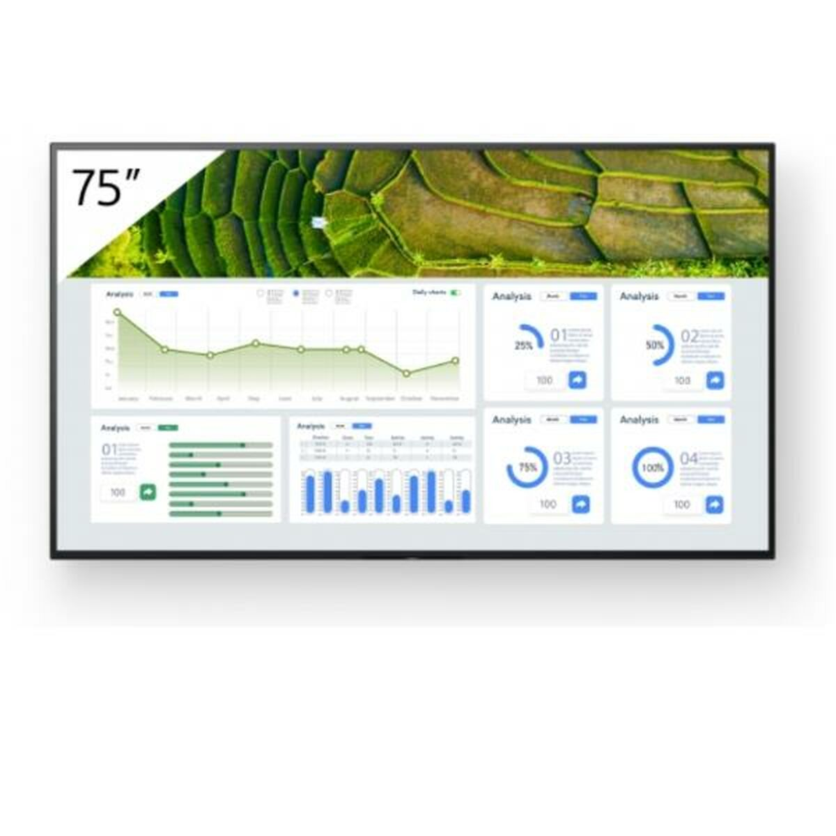 Ein 75-Zoll-Fernseher zeigt Datenanalyse-Diagramme und -Grafiken. Der Hintergrund zeigt ein Reisfeld. Der Bildschirm zeigt Datendiagramme und -diagramme.