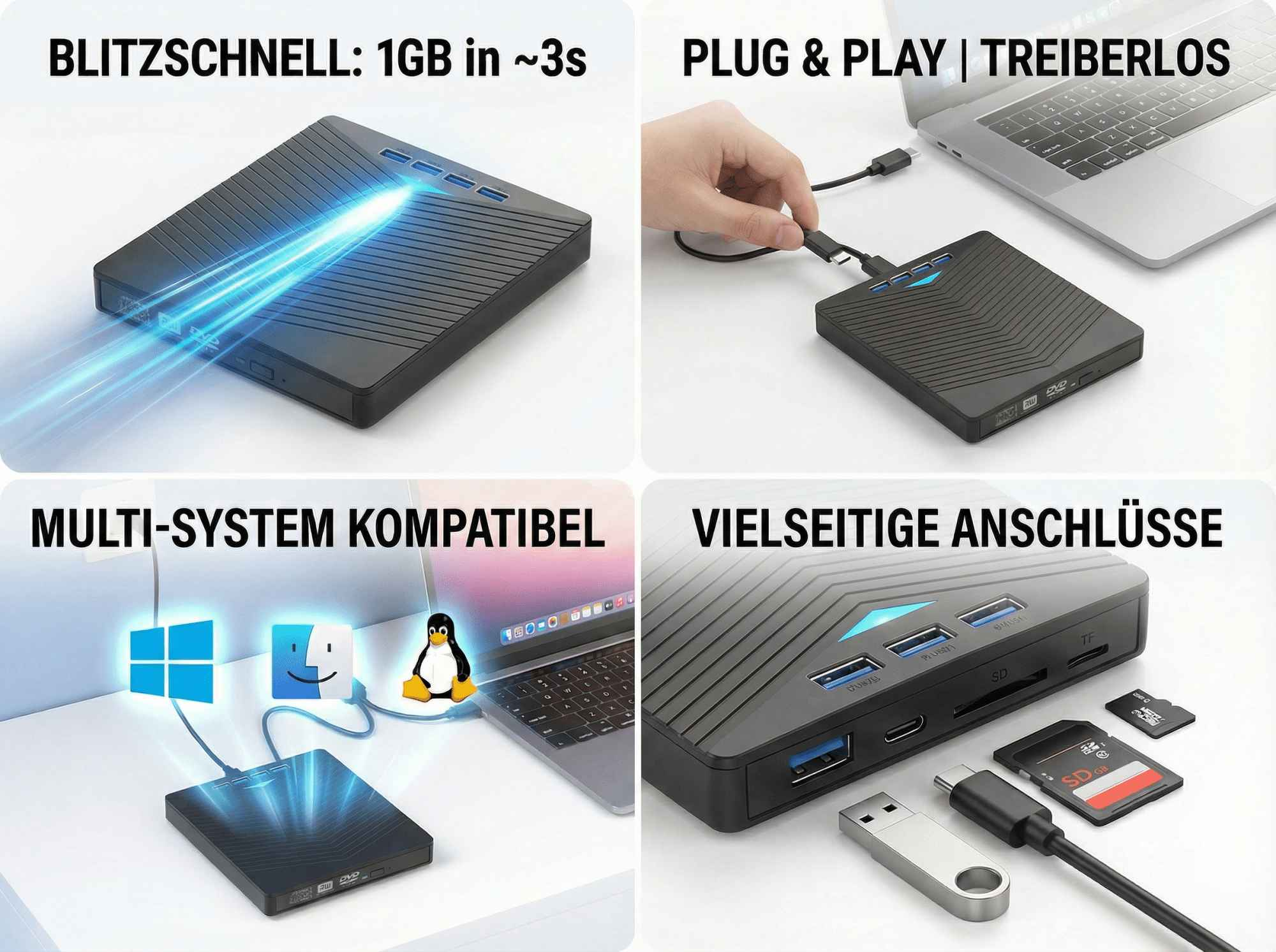 Schwarzes Gerät mit blauen Lichtern, an Laptop angeschlossen. Zeigt USB-Anschlüsse, SD-Kartensteckplätze und verschiedene Anschlussoptionen.