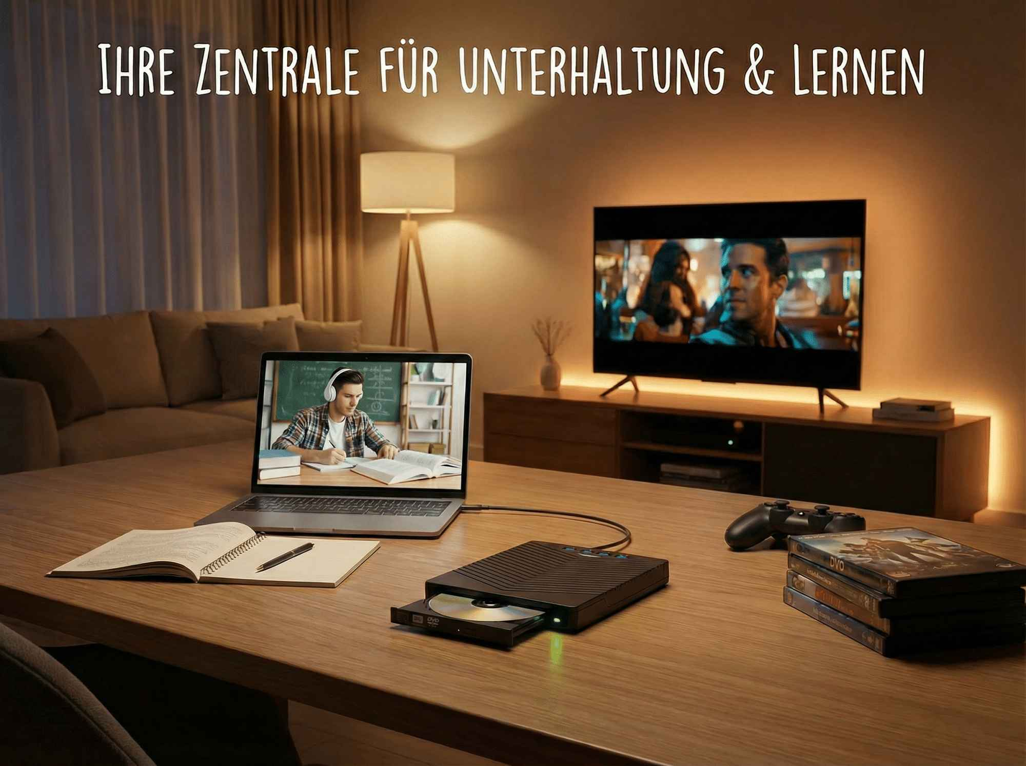 Wohnzimmer-Setup mit Laptop, DVD-Player, Fernseher, Lampe und Couch. Eine Person lernt auf dem Laptop. DVDs und Gamecontroller liegen auf dem Tisch.
