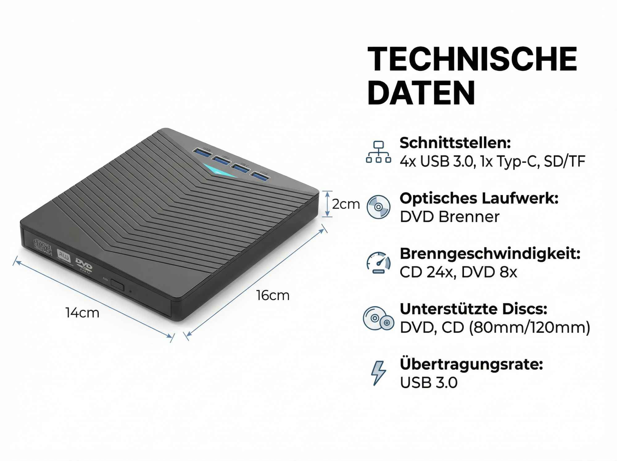 Ein schwarzer DVD-Player mit Spezifikationen. Er hat USB-Anschlüsse und unterstützt DVD und CD. Abmessungen sind angegeben.