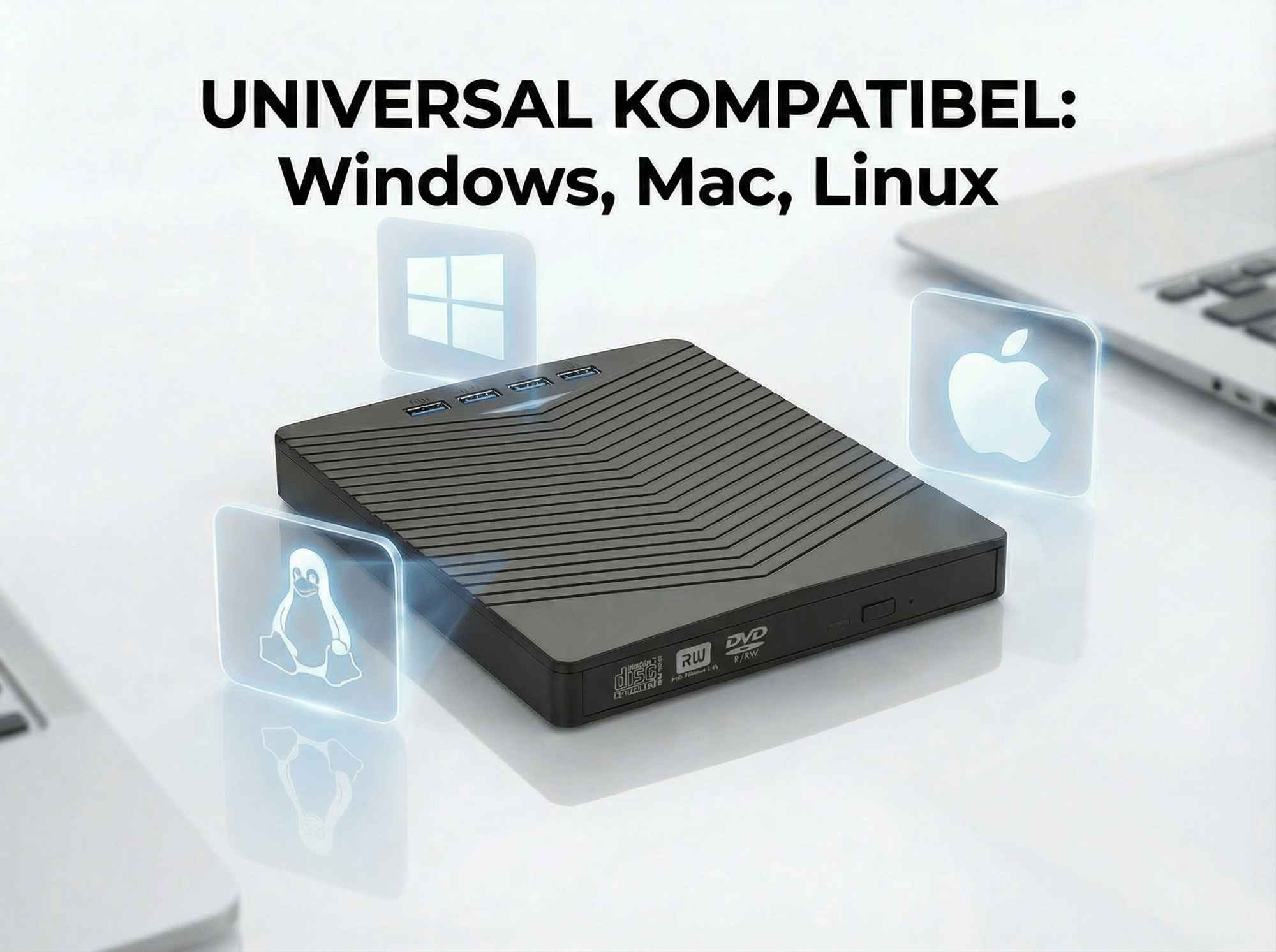 Ein schwarzes externes DVD-Laufwerk mit Windows-, Mac- und Linux-Symbolen und dem Text 'UNIVERSAL KOMPATIBEL: Windows, Mac, Linux'