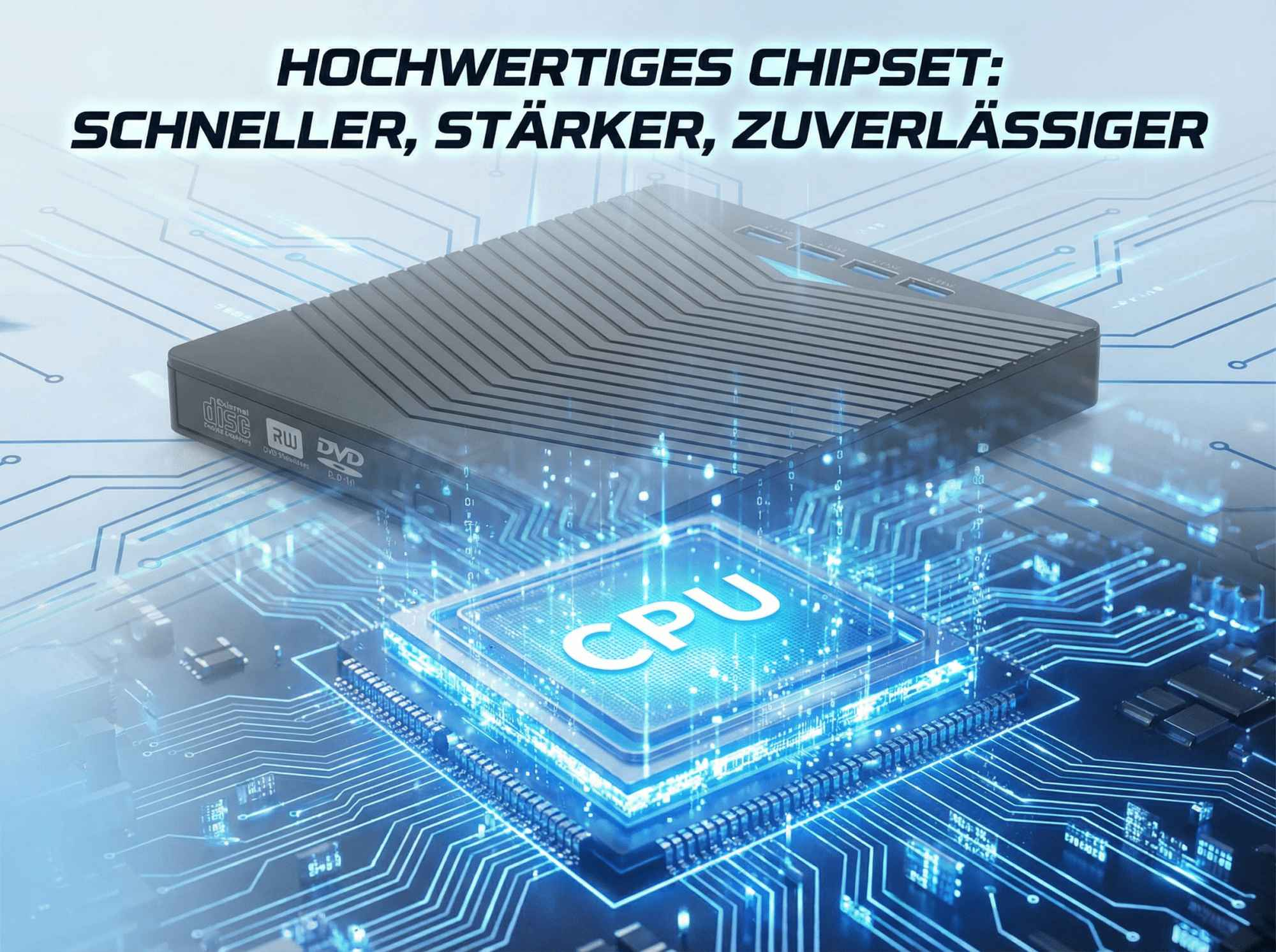 Das Bild zeigt ein schwarzes Gerät mit der Aufschrift DVD und Disc auf einer Platine mit einer CPU-Grafik. Text sagt 'Hochwertiger Chipsatz'.