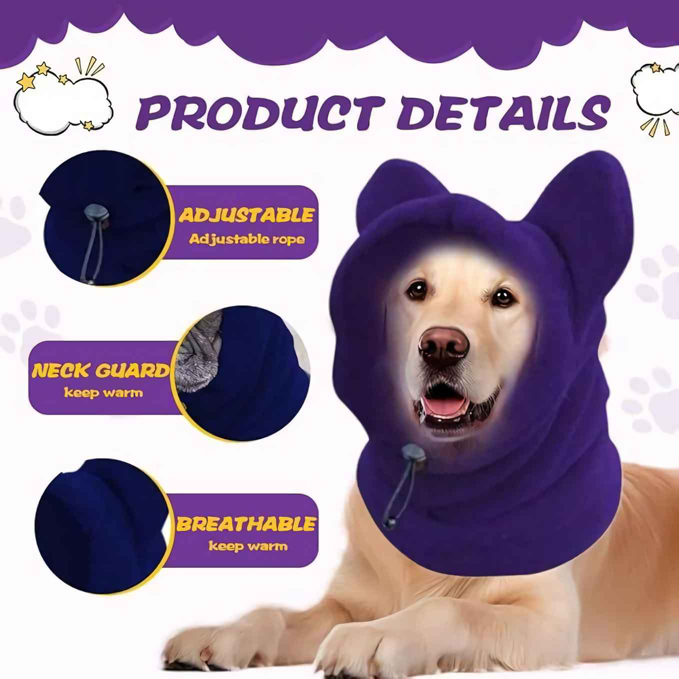 Ein goldener Retriever trägt eine lila Hundehaube. Details zeigen verstellbares Seil, Nackenschutz und atmungsaktives Design.