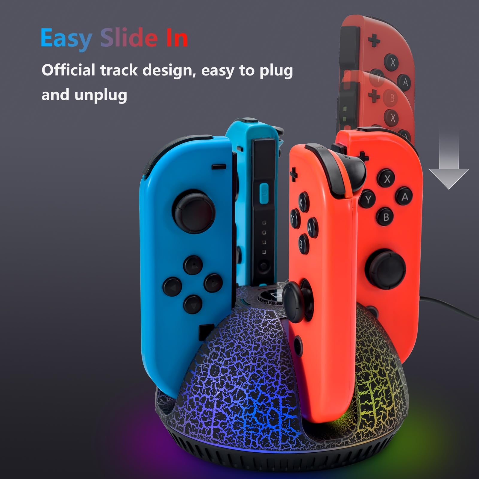 Eine Ladestation mit blauen und roten Gamecontrollern. Der Text lautet 'Easy Slide In' und 'Official track design'.