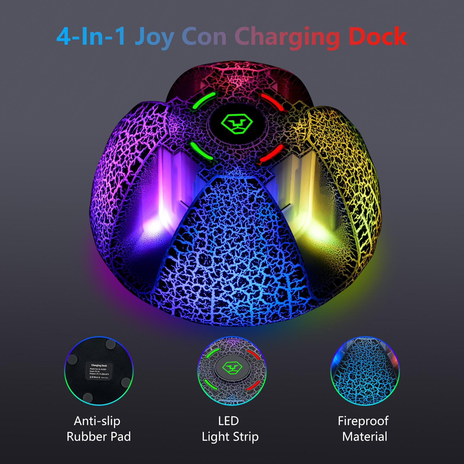 Ein 4-in-1 Joy Con Ladestation mit bunten LED-Leuchten. Merkmale sind Anti-Rutsch-Pad, LED-Lichtleiste und feuerfestes Material.