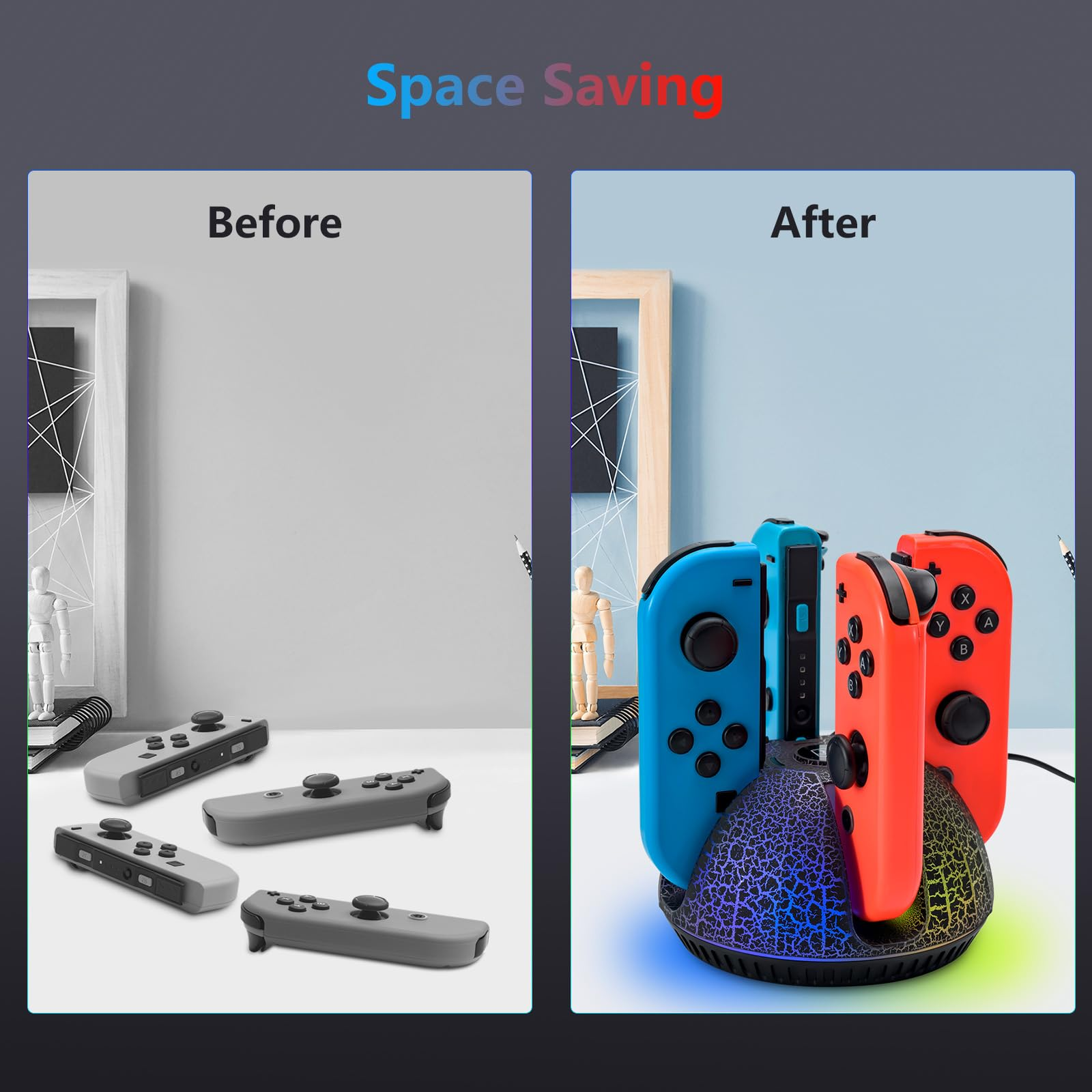 Das Bild zeigt einen 'Vorher/Nachher'-Vergleich. Vorher: graue Controller. Nachher: Controller auf einem Ladegerät. Blaue und rote Controller sind sichtbar.