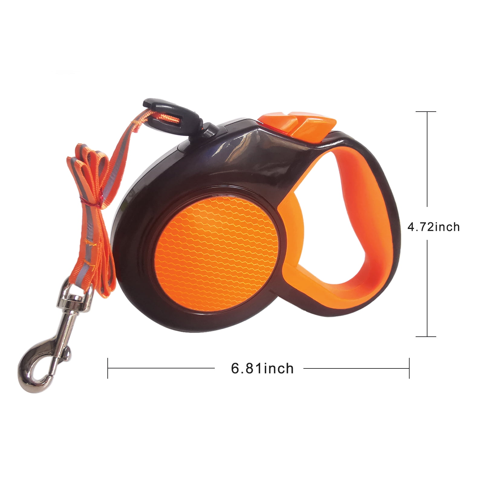 Eine orangefarbene und schwarze einziehbare Hundeleine mit einem silbernen Clip. Abmessungen: 6,81 x 4,72 Zoll.