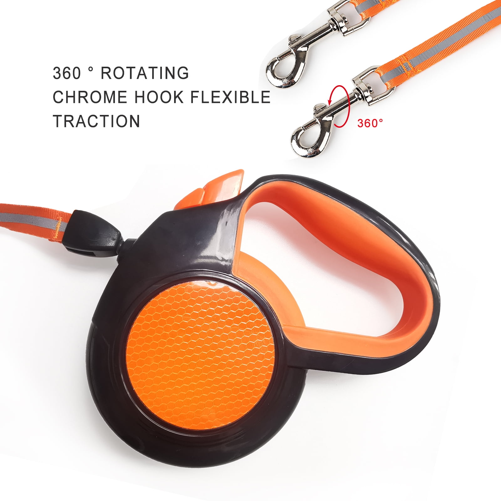Eine orangefarbene und schwarze Hundeleine. Sie hat einen Chromhaken und eine 360-Grad-Drehfunktion. Die Leine befindet sich auf weißem Hintergrund.