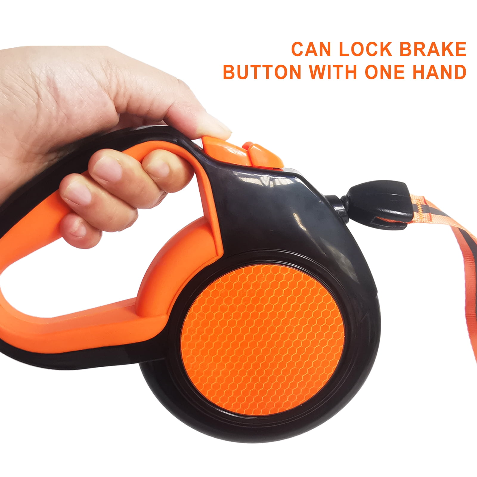 Hand hält eine schwarz-orangefarbene einziehbare Hundeleine. Text: 'Kann die Bremstaste mit einer Hand verriegeln'.
