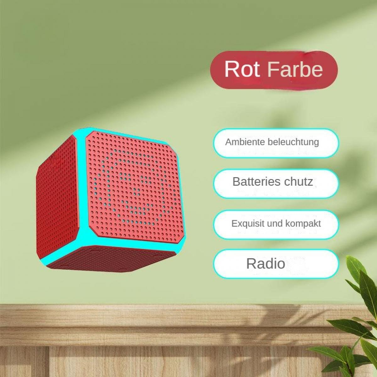 Ein roter und blauer quadratischer Lautsprecher mit Text auf grünem Hintergrund, einschließlich 'Rot Farbe' und anderen deutschen Wörtern.