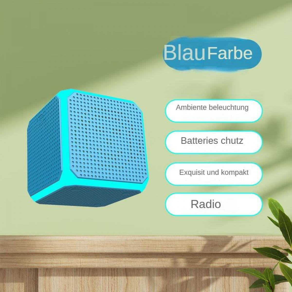 Ein blauer Lautsprecher mit deutschem Text. Der Text umfasst 'Blau Farbe', 'Ambiente Beleuchtung', 'Batteries chutz', 'Exquisit und kompakt' und 'Radio'.