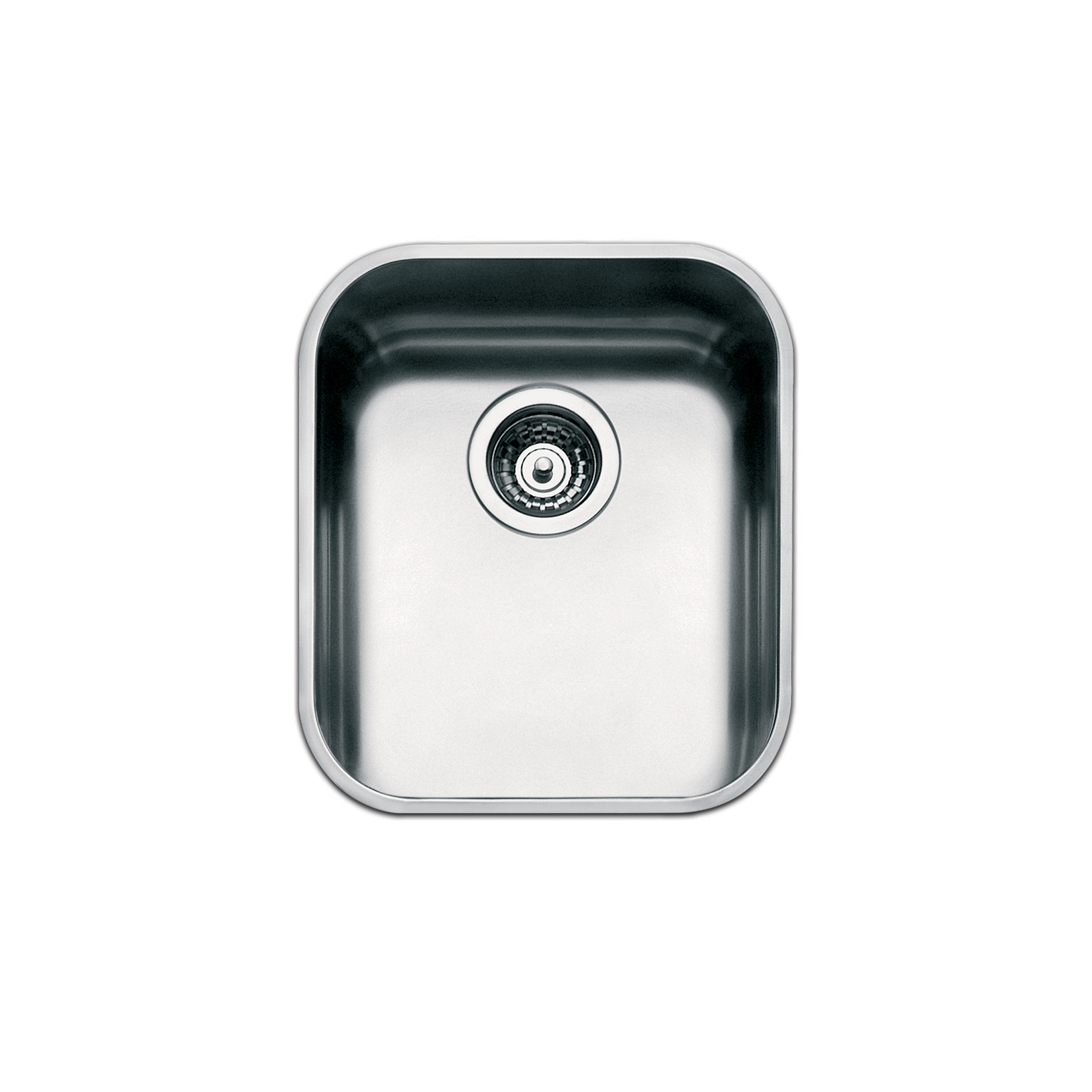 Fregadero de acero inoxidable aislado en blanco. Tiene forma cuadrada y un desagüe.