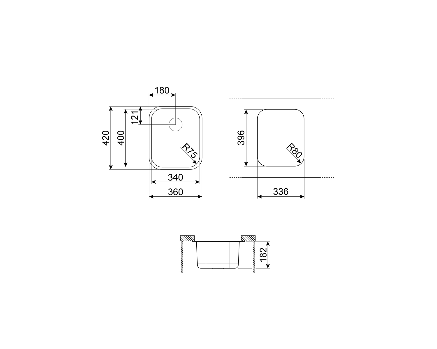 Dibujo técnico de un fregadero rectangular con dimensiones. Incluye vistas superior, lateral y frontal con medidas en mm.