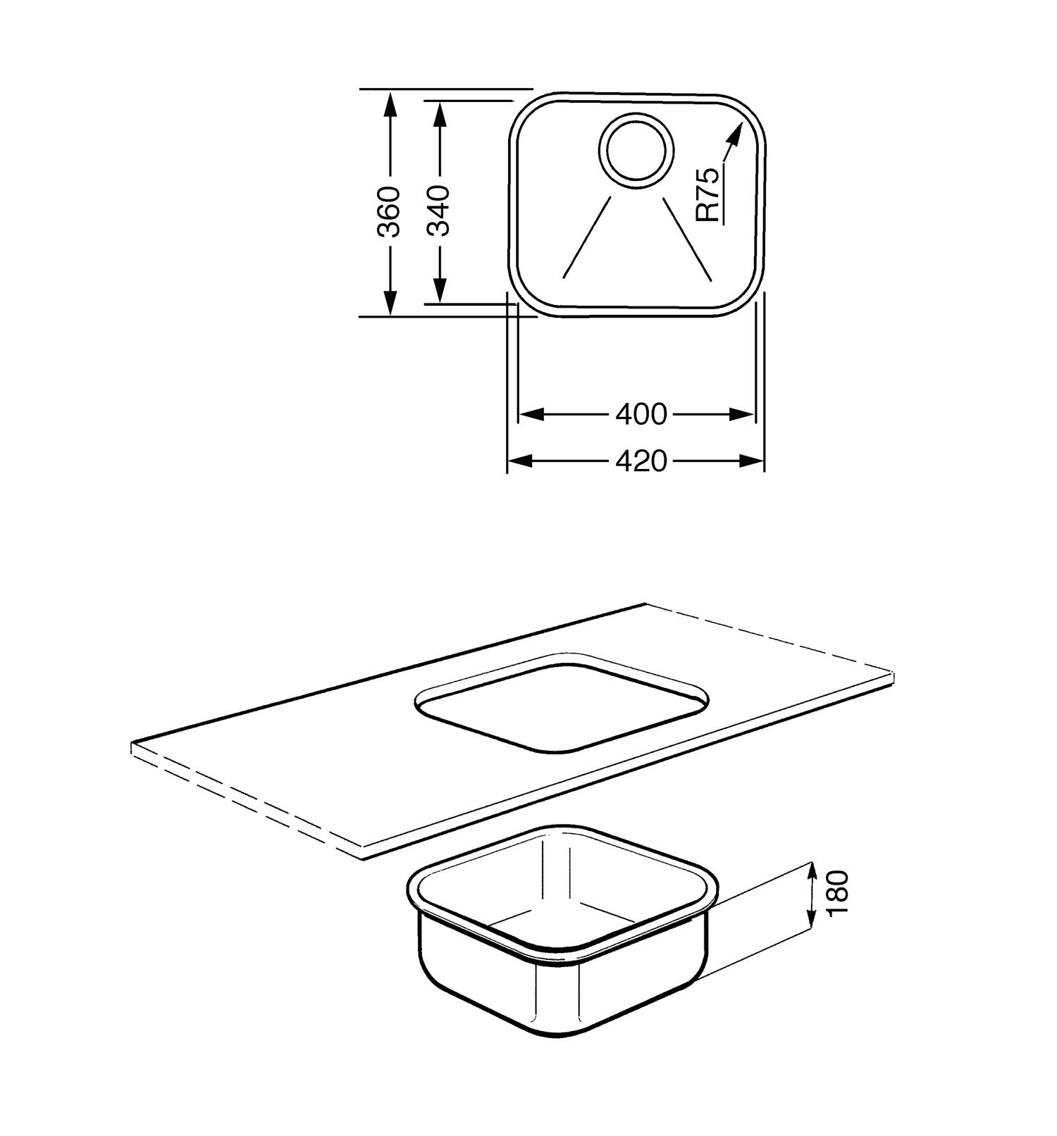 Dibujo técnico de un fregadero y una encimera. Las dimensiones se indican en milímetros, mostrando los tamaños del fregadero y la encimera.