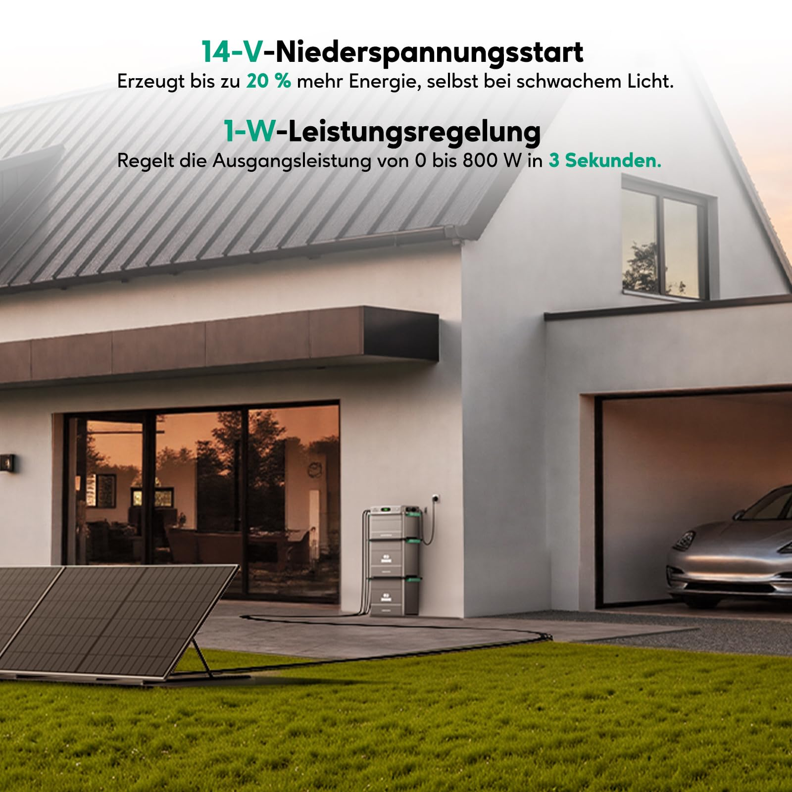 Ein modernes Haus mit Solarpanelen, Batterie und einem Auto in der Garage, sonniger Tag.