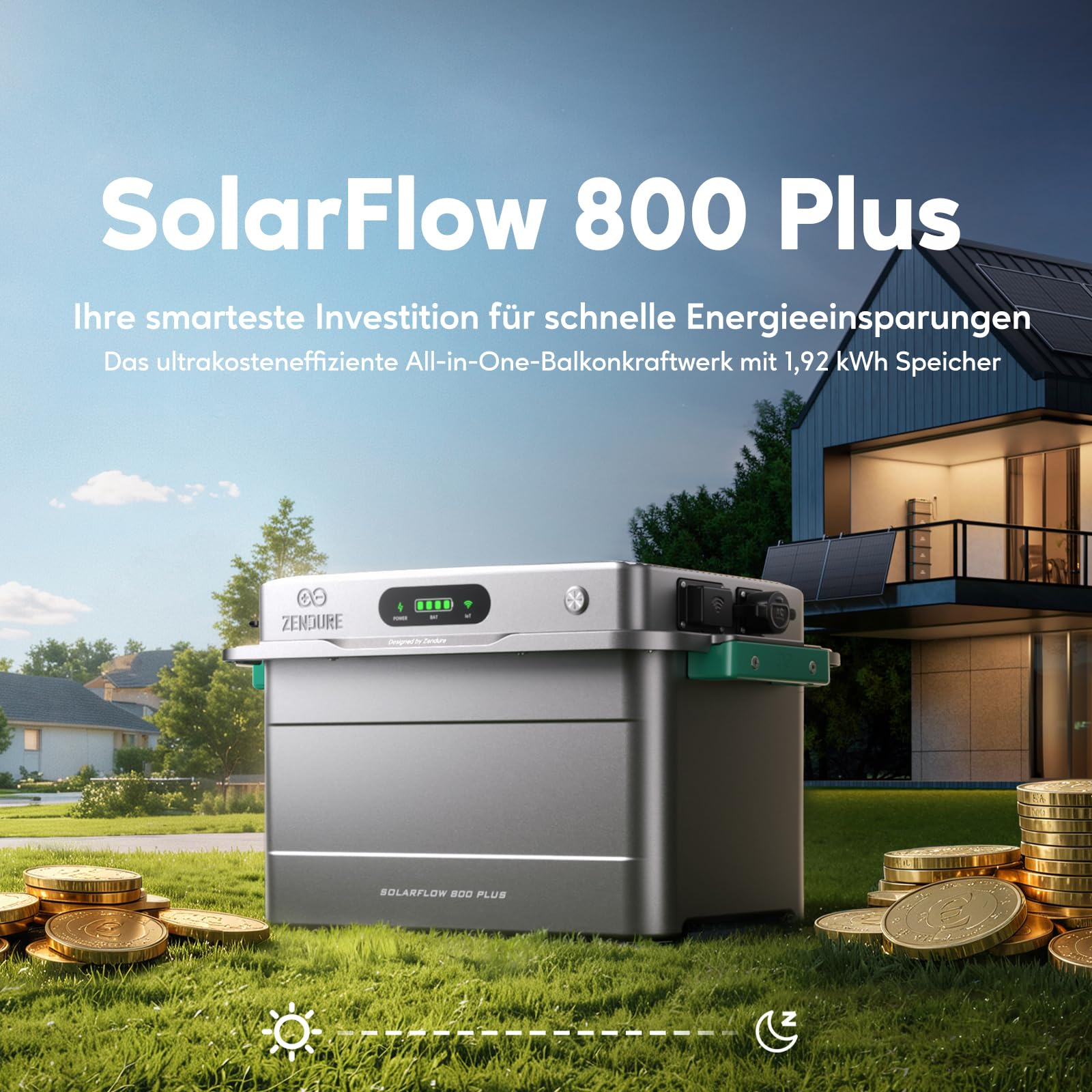 Ein SolarFlow 800 Plus-Gerät auf Gras mit Münzen, Textüberlagerung und einem Haus im Hintergrund.