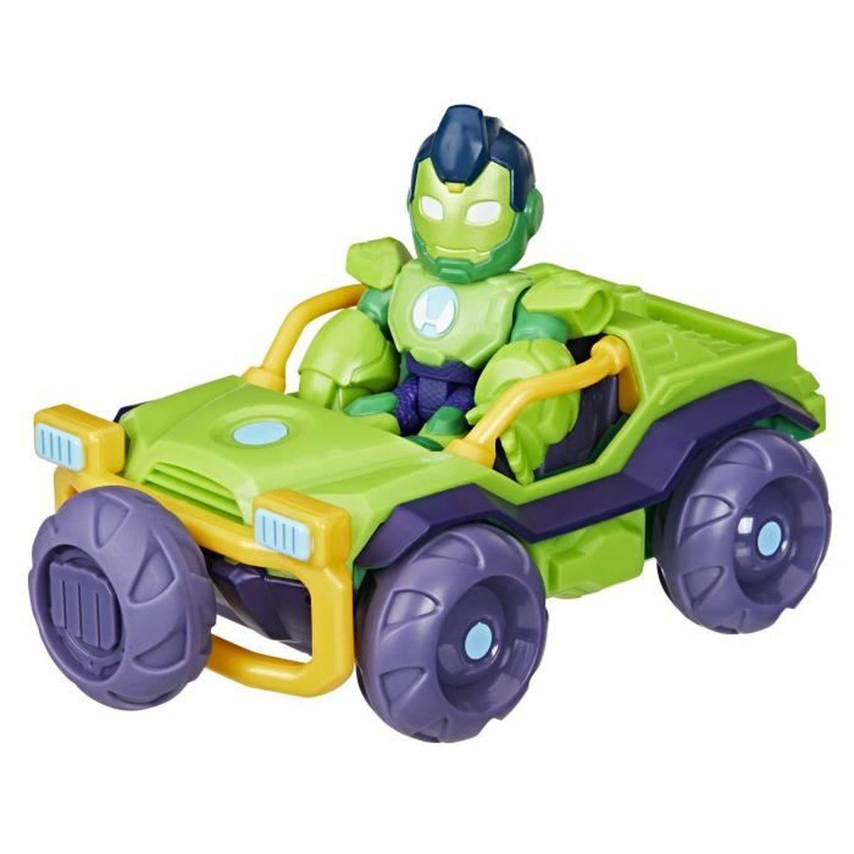 Un coche de juguete verde con ruedas moradas y detalles amarillos. Una figura de robot verde y azul está sentada en el coche.