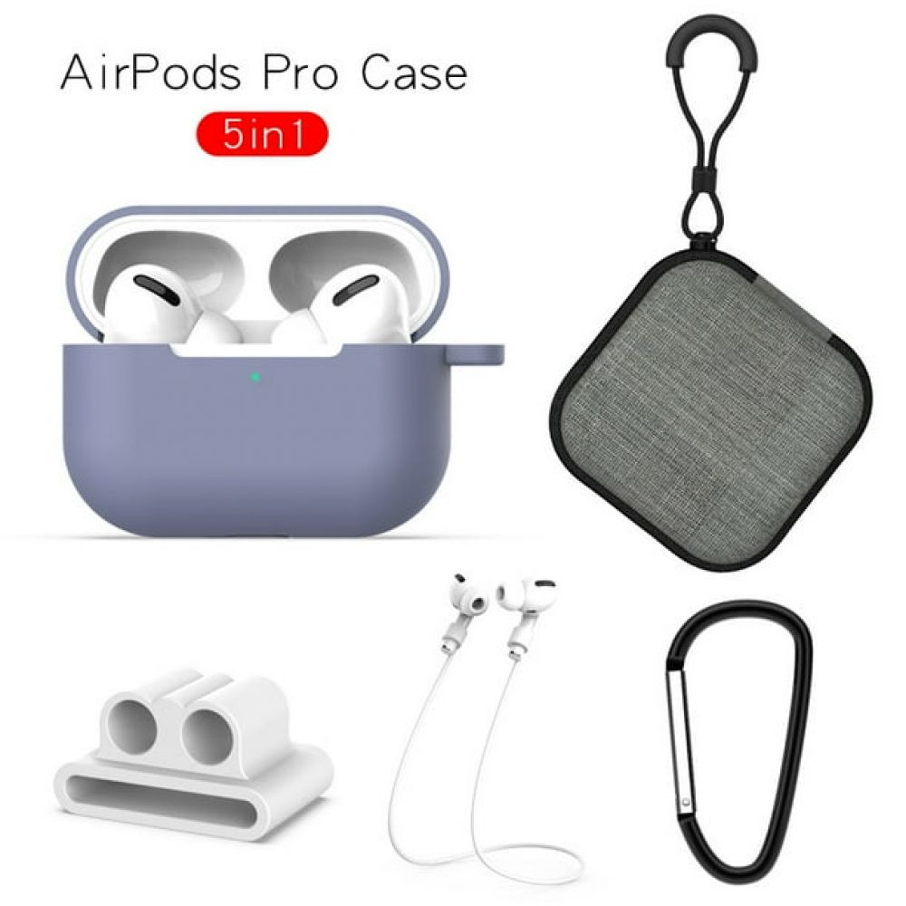 AirPods Pro Case mit Zubehör: Ladecase, Ohrhörer, Karabiner, Riemen und Halter, vor weißem Hintergrund.