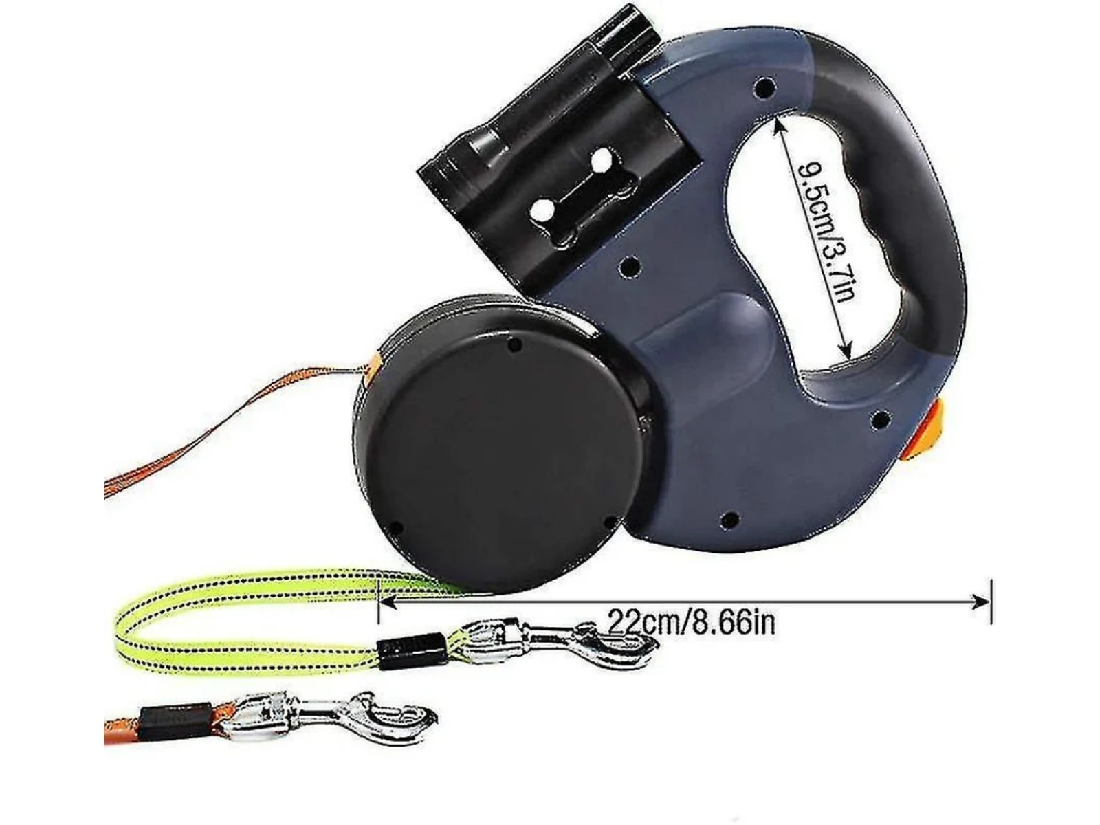 Ein einziehbares Hundehalsband mit schwarzem Gehäuse und gelbem Reflexband. Abmessungen sind angegeben.