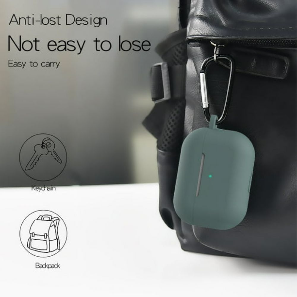 Eine tealfarbene Kopfhörerhülle ist an einem schwarzen Rucksack befestigt. Text sagt 'Anti-Verlust-Design' und 'Nicht leicht zu verlieren'.