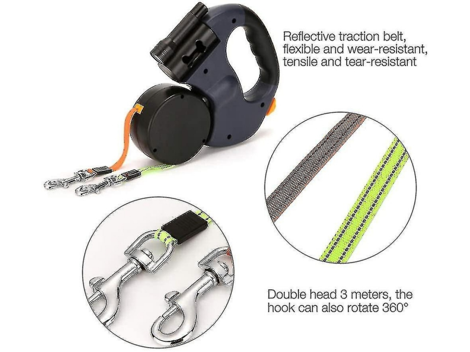 Hundeleine mit zwei Leinen, reflektierendem Band und einer Taschenlampe. Merkmale sind ein drehbarer Haken und eine 3 Meter lange Doppelleine.