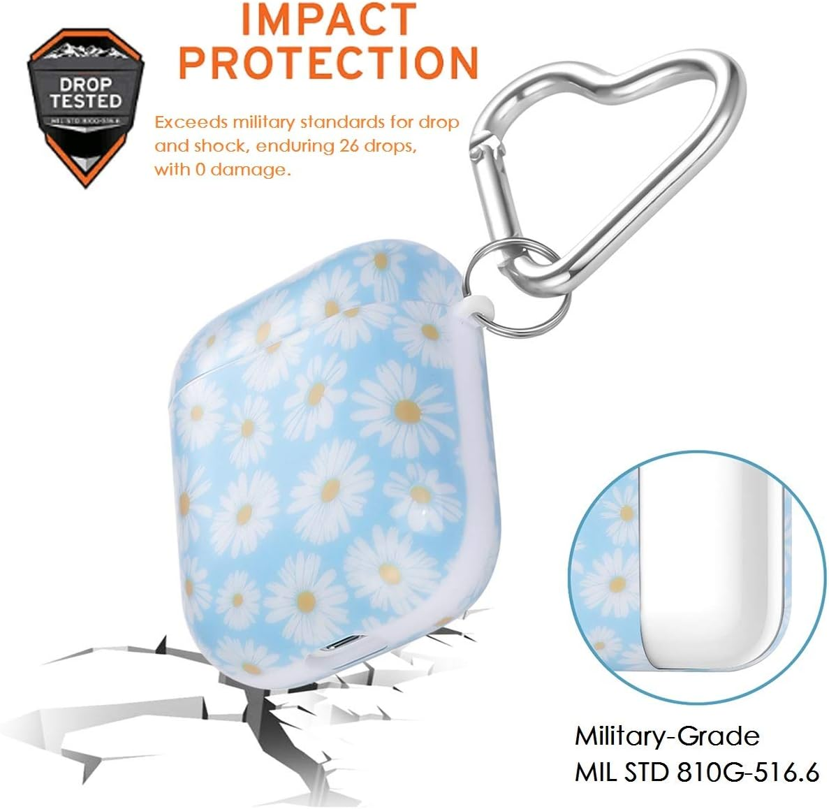 Ein AirPods-Case mit Gänseblümchenmuster, fallendem und rissigem Boden, mit einem Karabiner. Der Text lautet 'Impact Protection'.