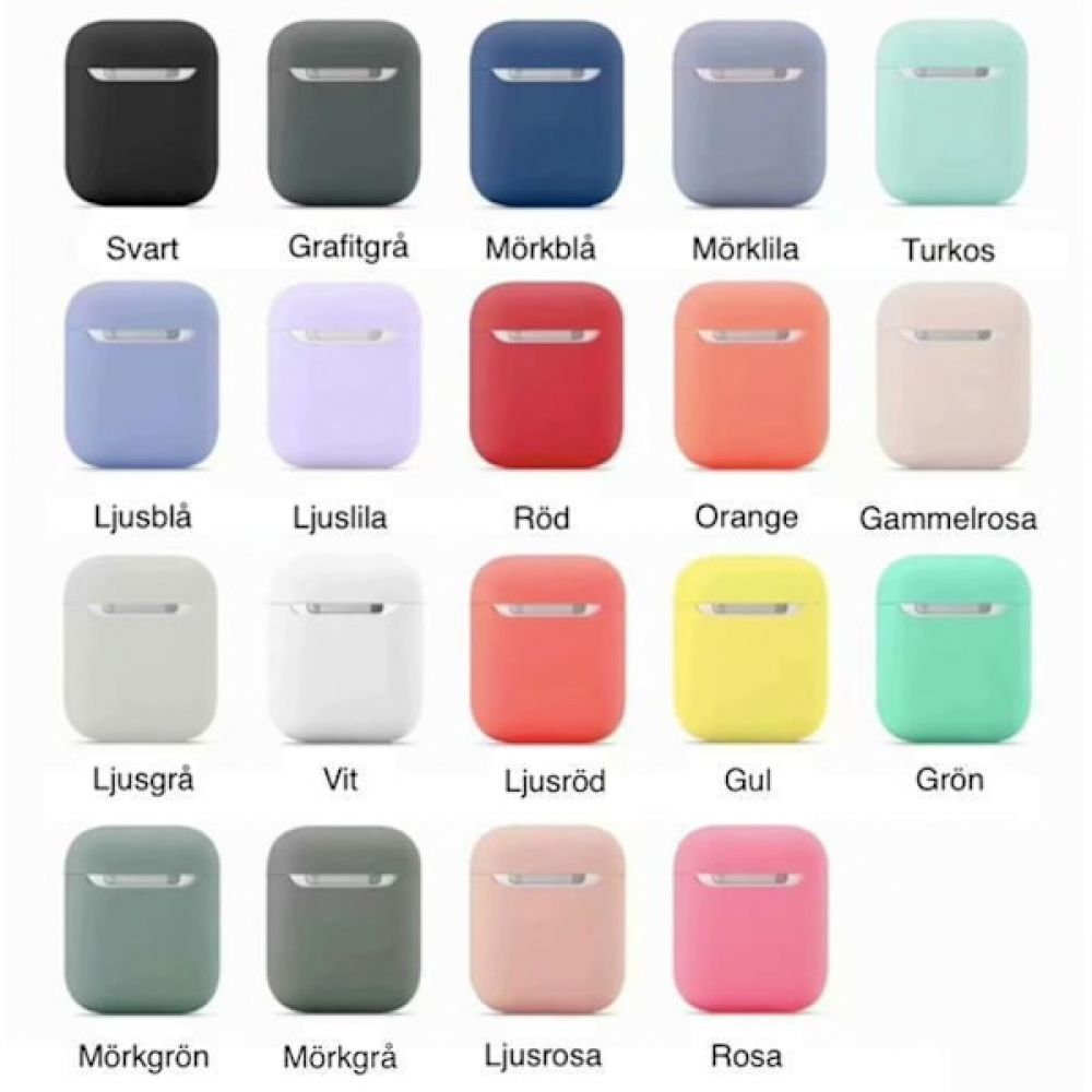 Das Bild zeigt 20 AirPods-Hüllen in verschiedenen Farben, beschriftet auf Schwedisch: schwarz, grau, blau, lila, türkis, rot, orange, rosa, weiß und grün.
