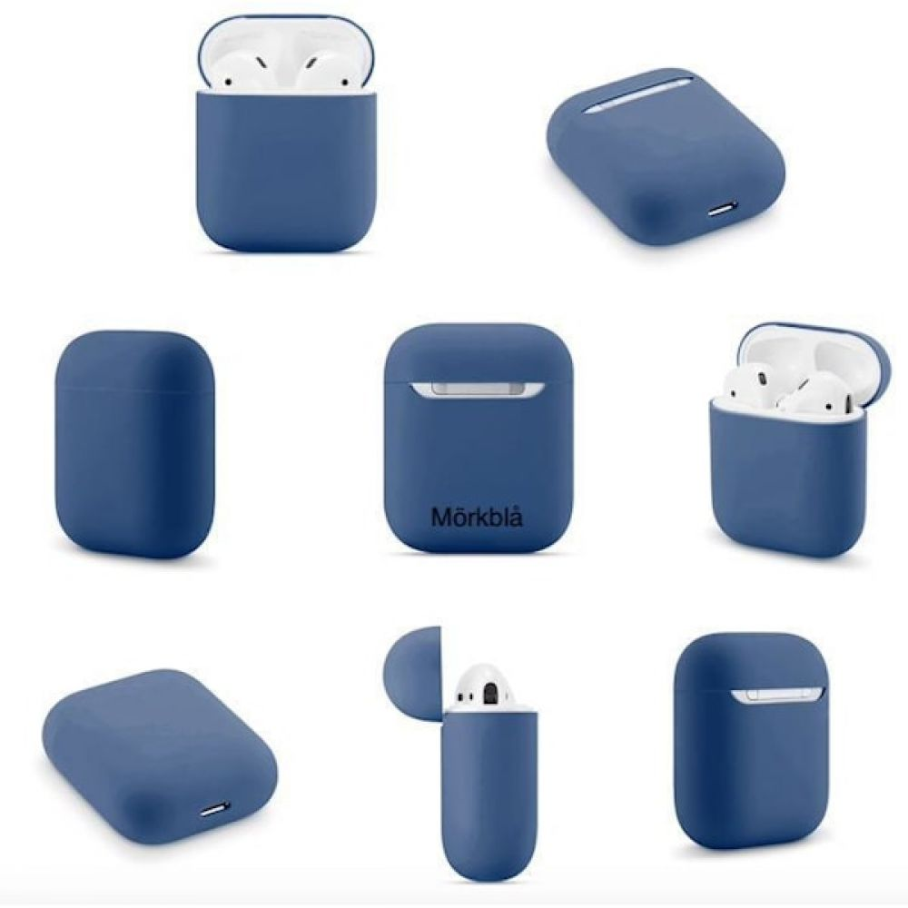 Das Bild zeigt mehrere Winkel blauer AirPods-Hüllen, einige offen, einige geschlossen, mit weißen AirPods im Inneren. Das Wort 'Morkbla' steht auf einer Hülle.
