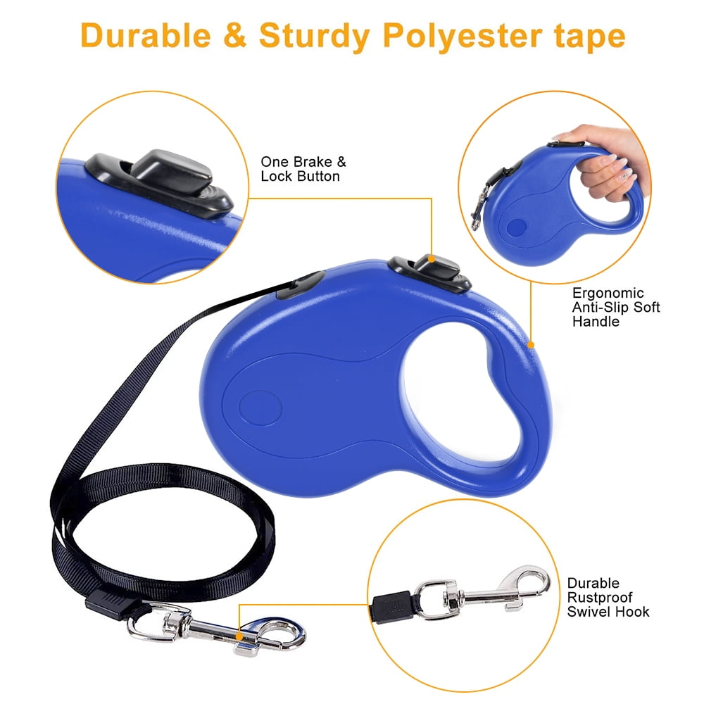Eine blaue Hundeleine mit schwarzem Gurt und silbernem Haken. Sie hat eine Bremstaste und einen ergonomischen Griff. Text sagt 'Dauerhaft & Robust'.