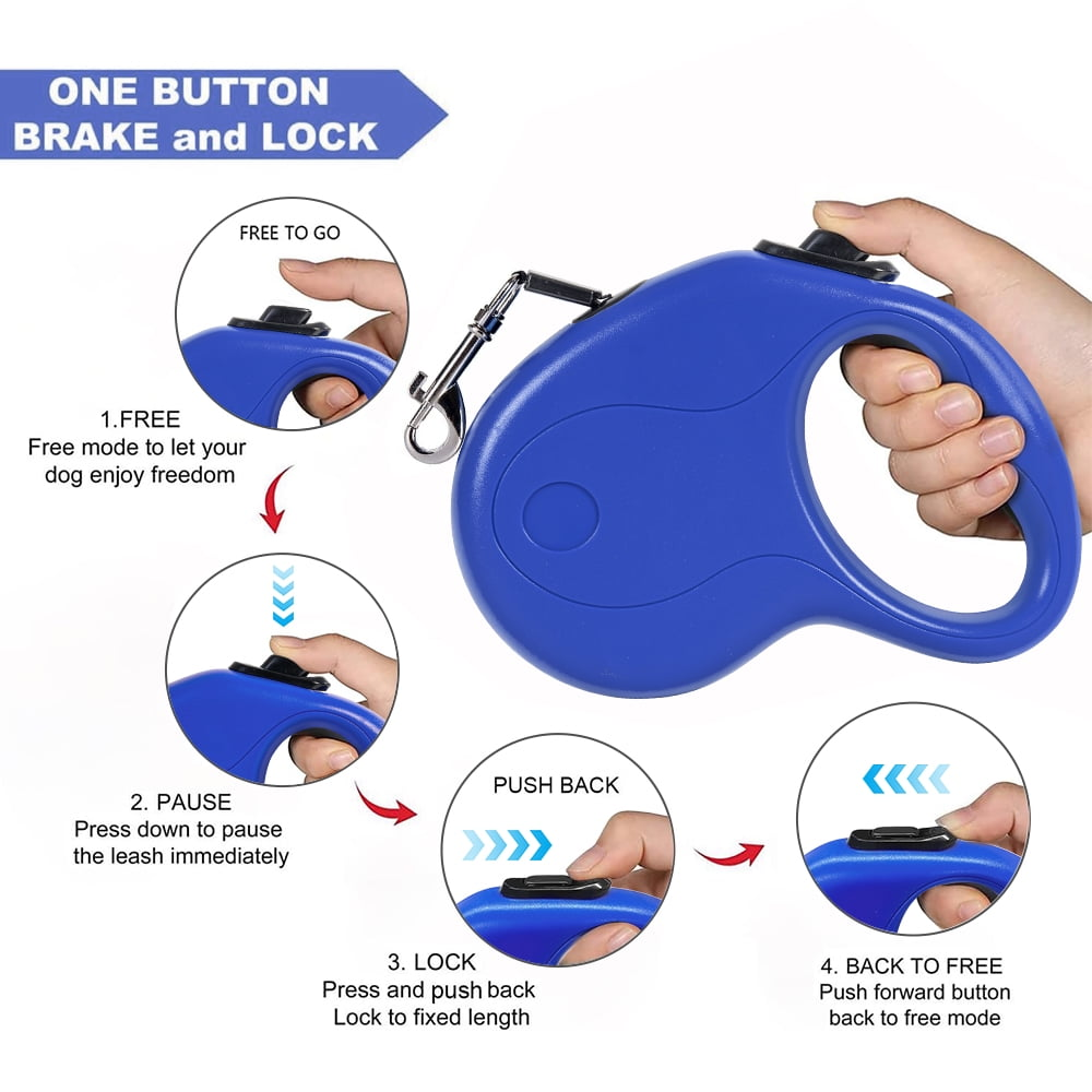 Blaues, einziehbares Hundehalsband mit Hand, die es hält. Diagramme zeigen die Modi frei, Pause, Sperren und Zurück zu frei.