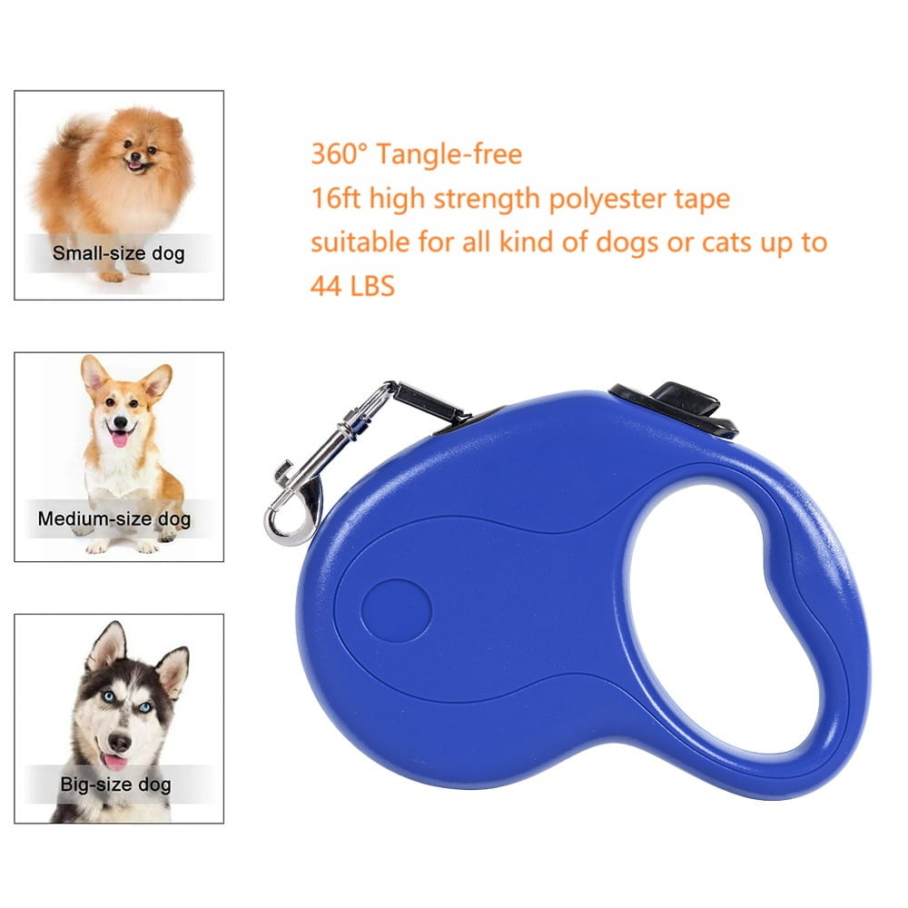 Eine blaue, einziehbare Hundeleine mit drei Hundebildern. Der Text besagt, dass sie verwicklungsfrei ist, 16 Fuß lang ist und für Hunde bis 20 kg geeignet ist.