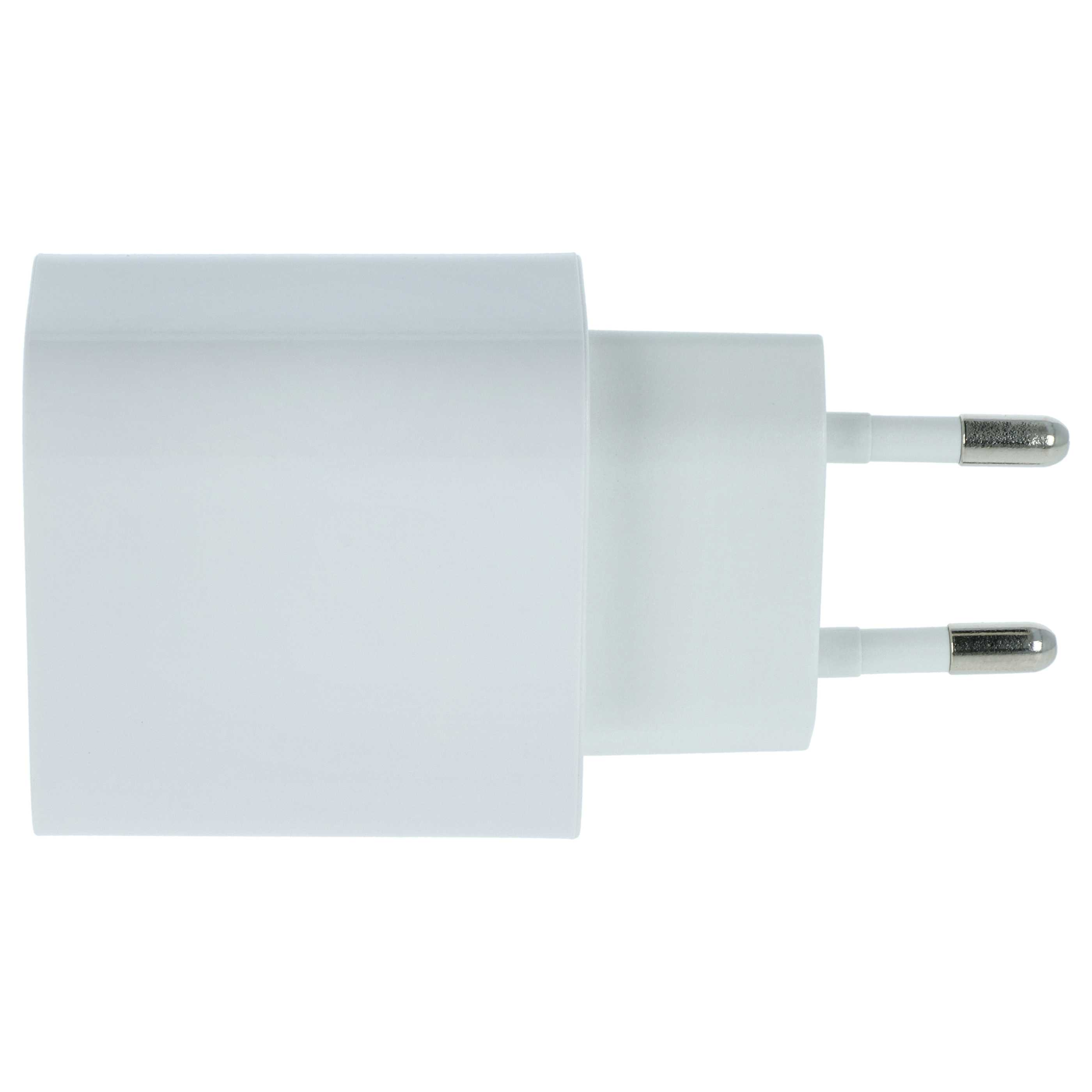 Ein weißer Netzadapter mit zwei silbernen Stiften. Der Adapter ist rechteckig mit abgerundeten Kanten.