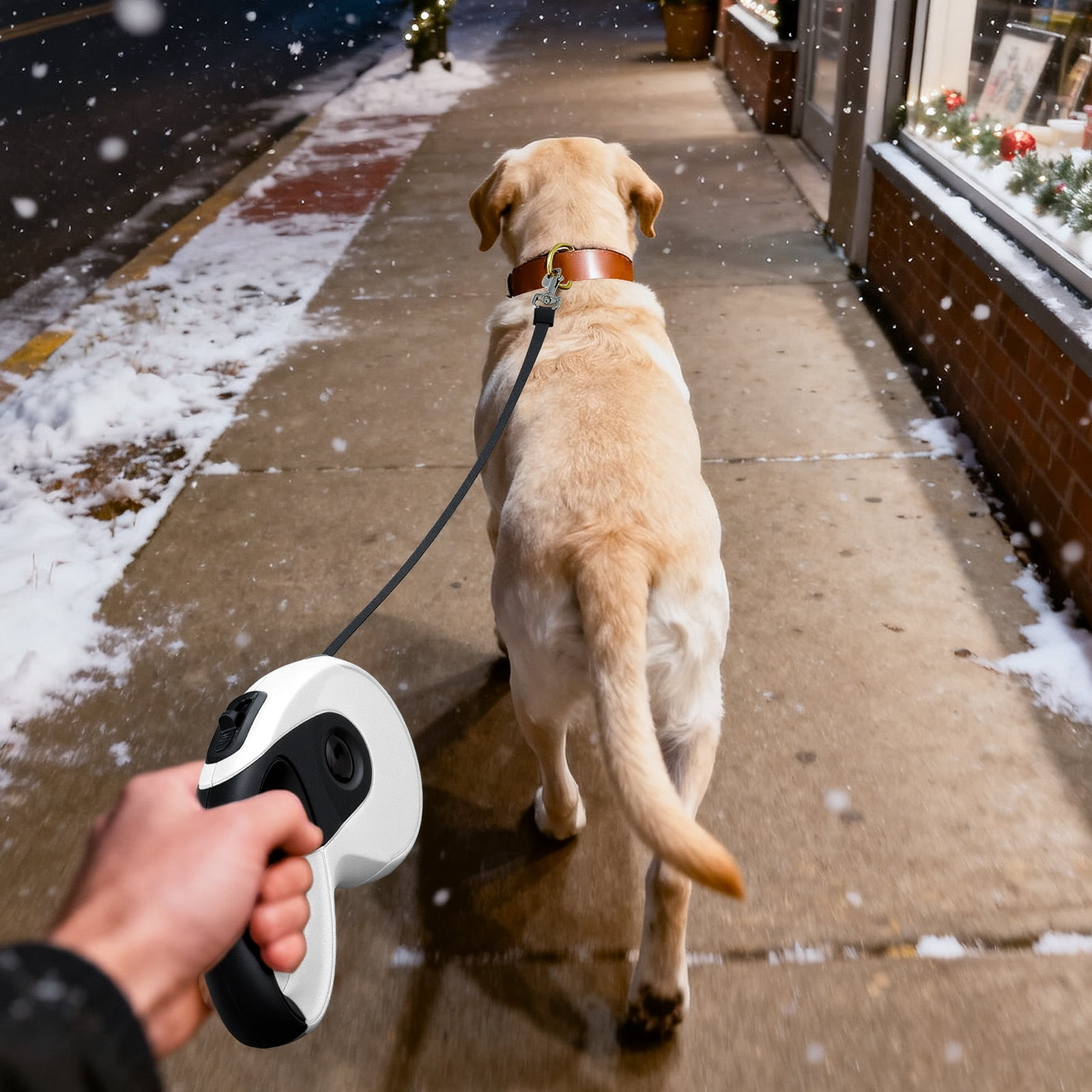 Ein gelber Labrador geht auf einem verschneiten Bürgersteig, gehalten von einer Leine. Ladenfronten säumen die Straße.