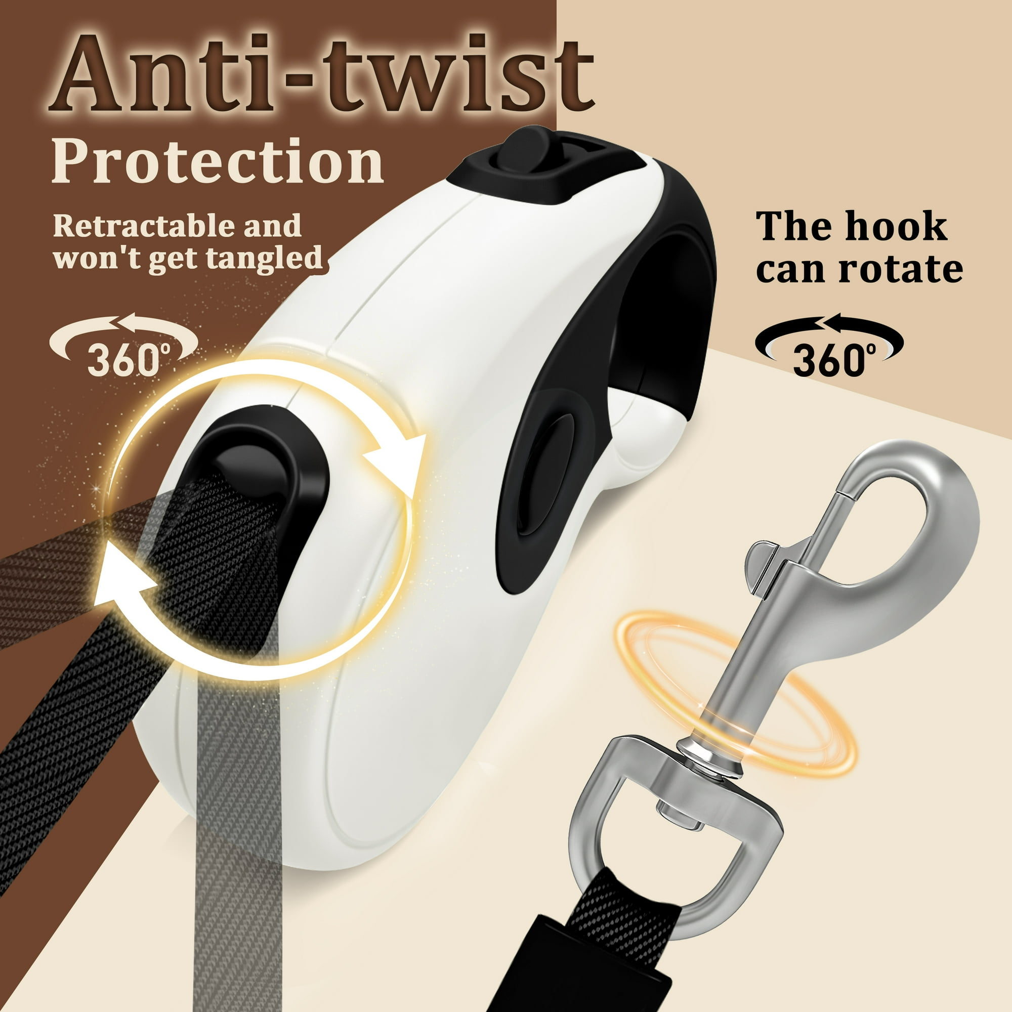 Eine weiße und schwarze Hundeleine mit drehbarem Haken. Text weist auf Anti-Torsions-Schutz und 360-Grad-Drehung hin.